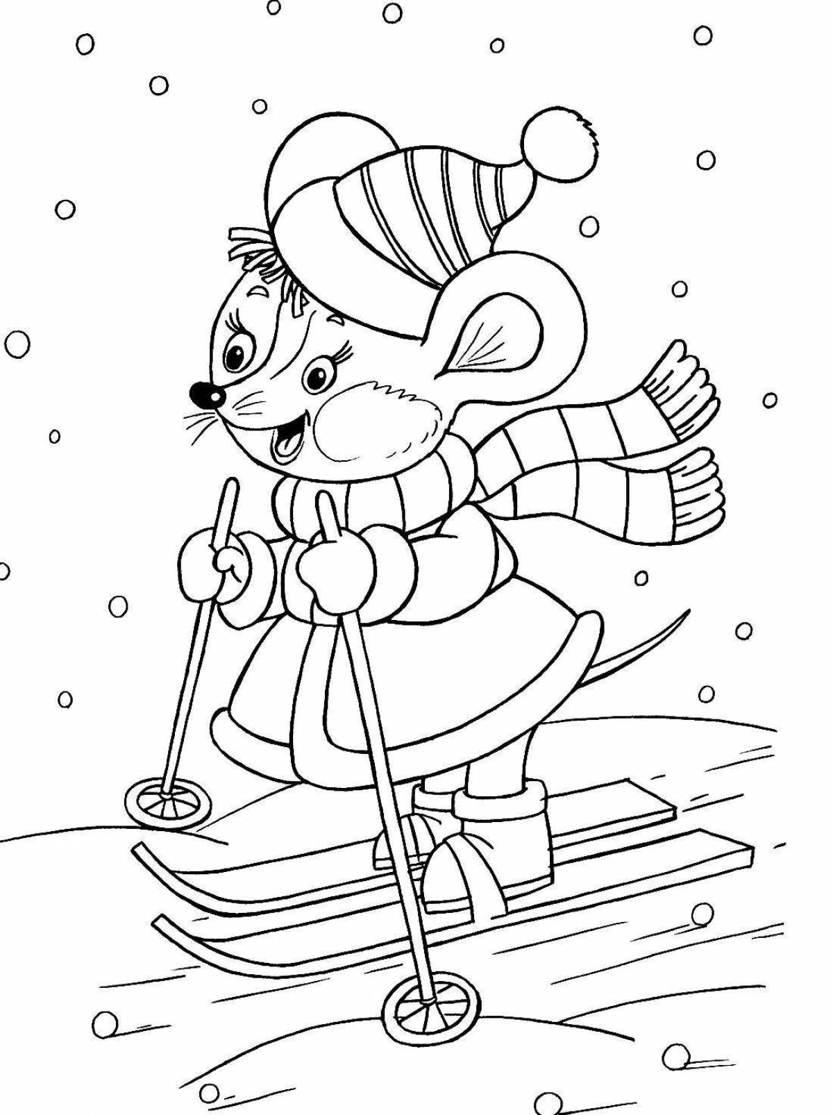 Coloring book glowing bear on skis