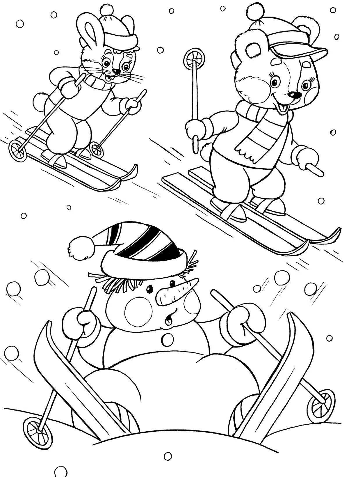 Раскраска буйный медведь на лыжах