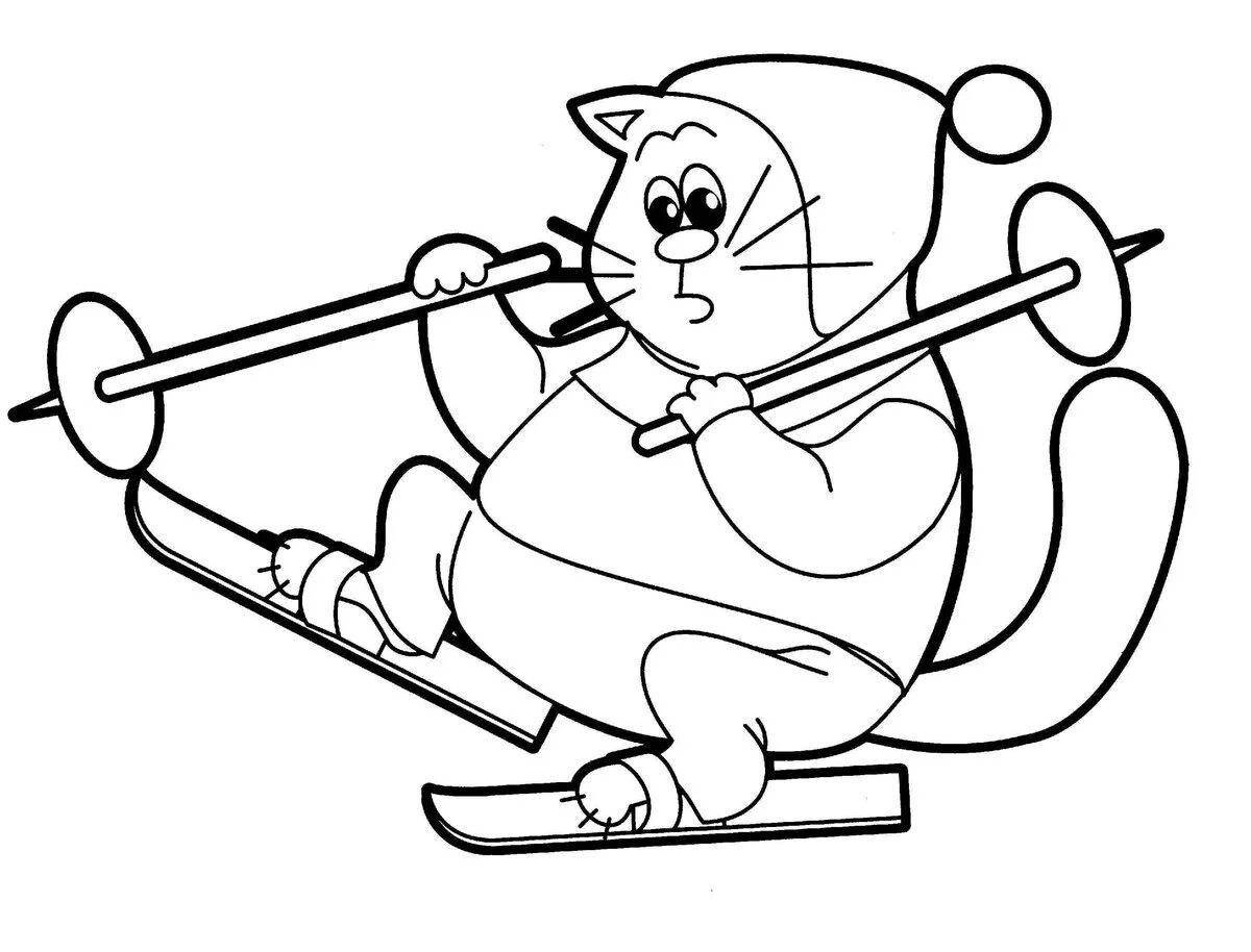 Coloring book funny bear on skis