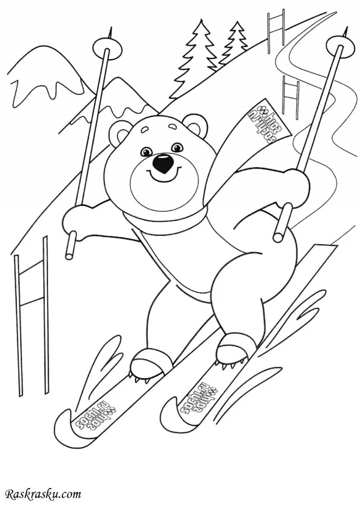 Coloring page energetic bear on skis