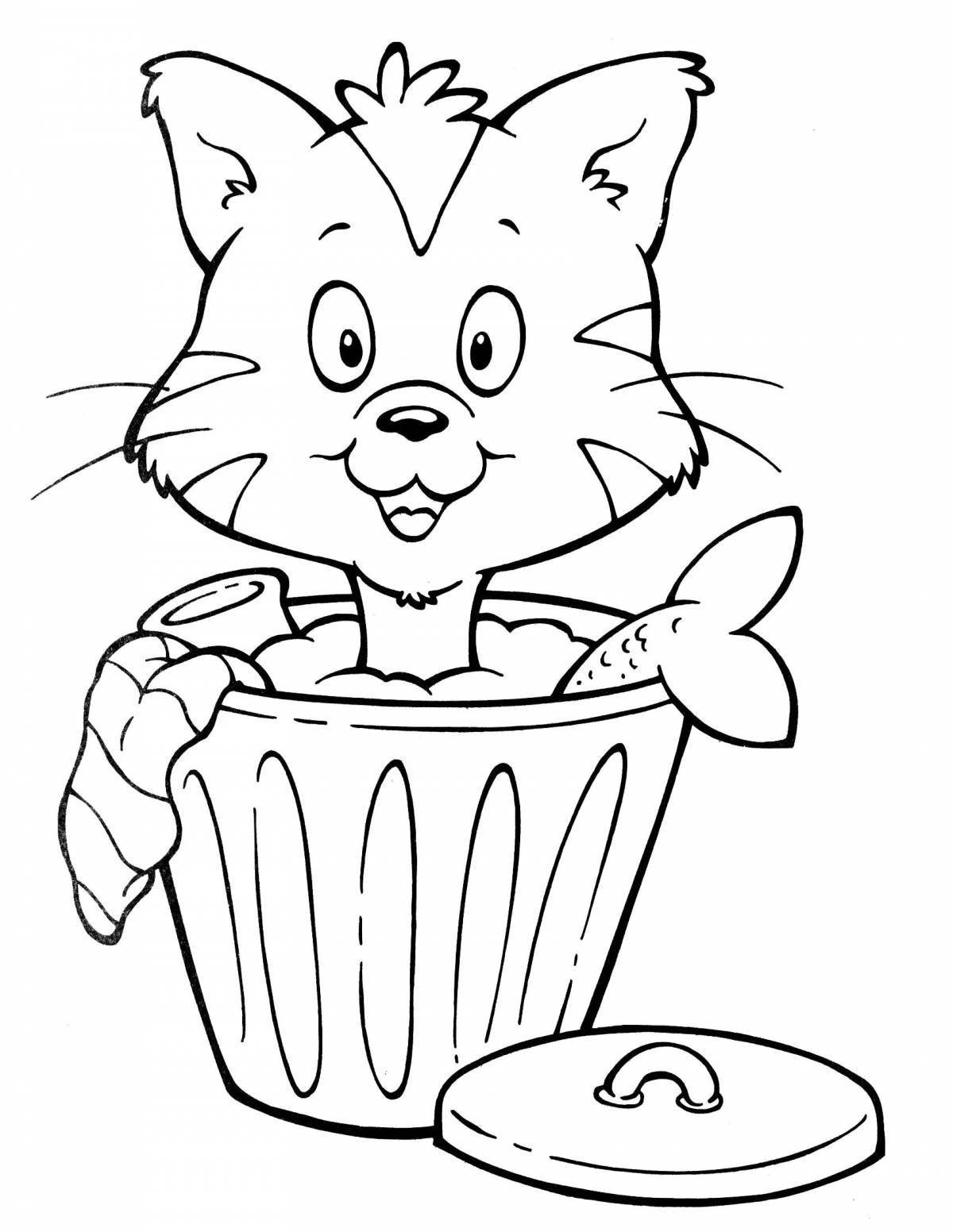 Coloring book playful kitten in a mug