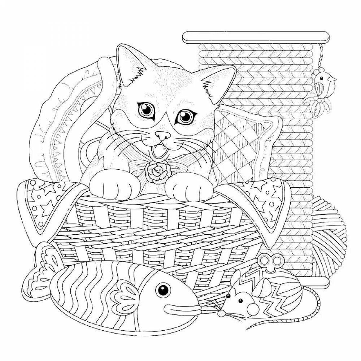 Coloring page of a cheerful kitten in a mug