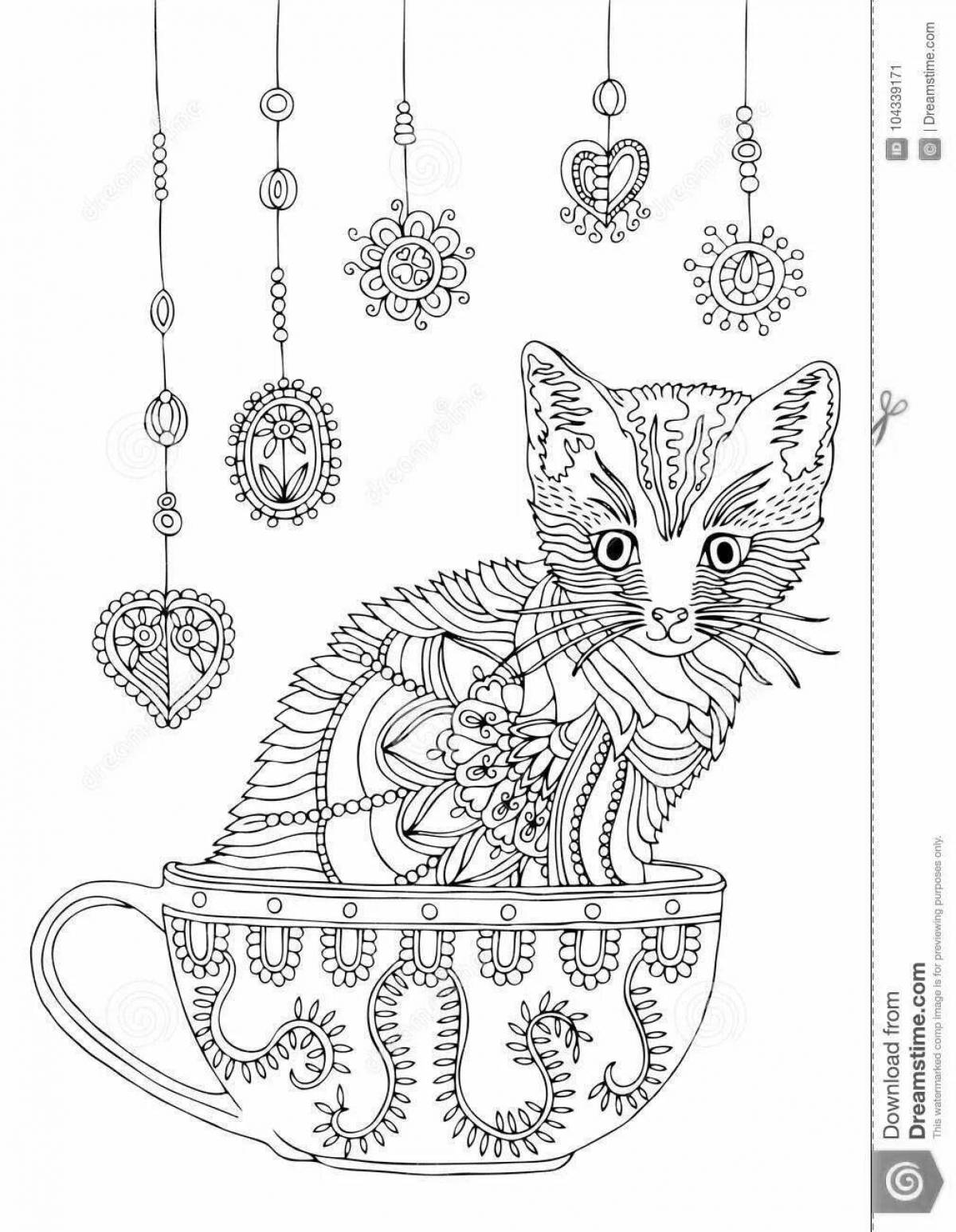 Раскраска озорной котенок в кружке