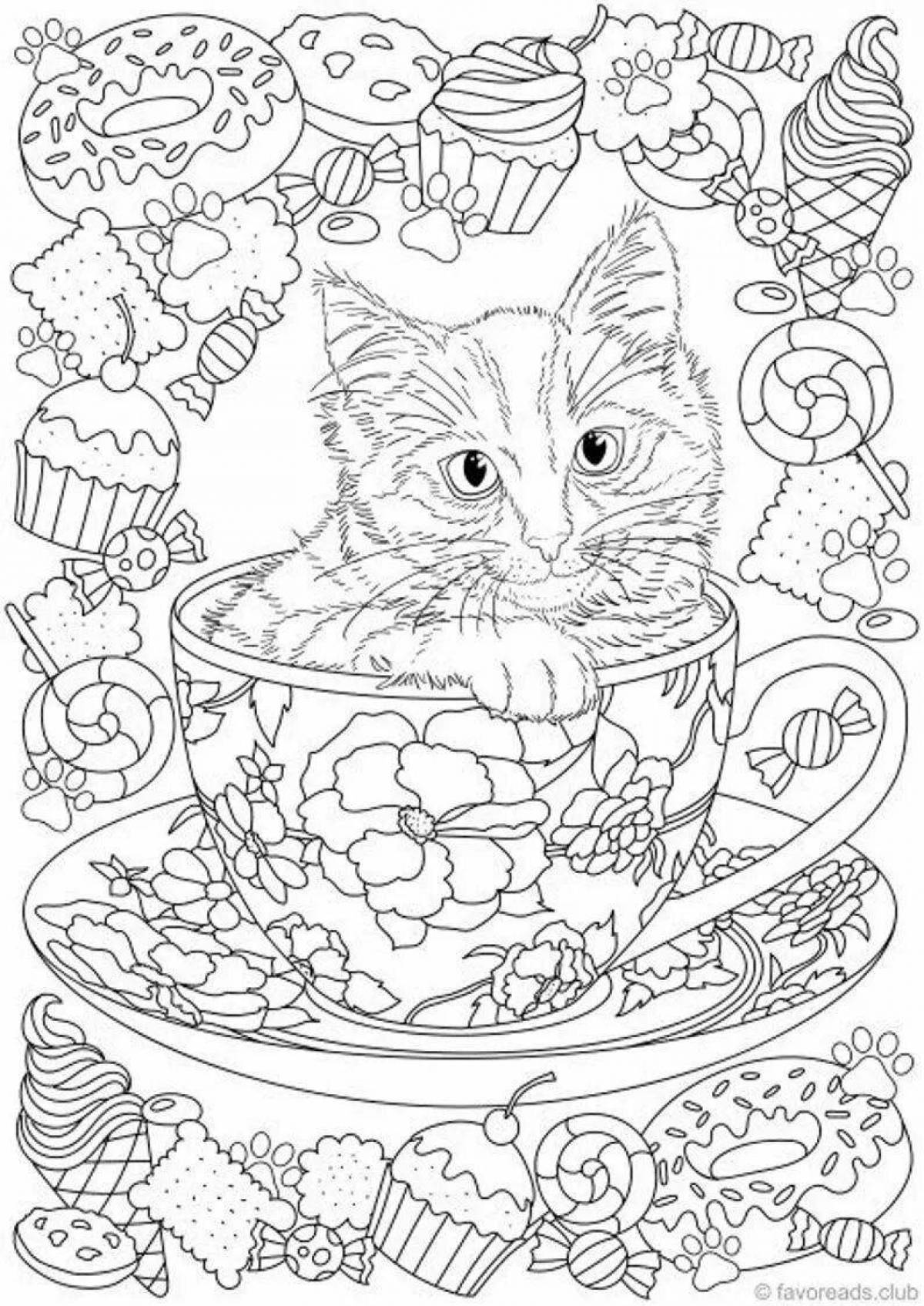 Coloring page fluffy kitten in a mug