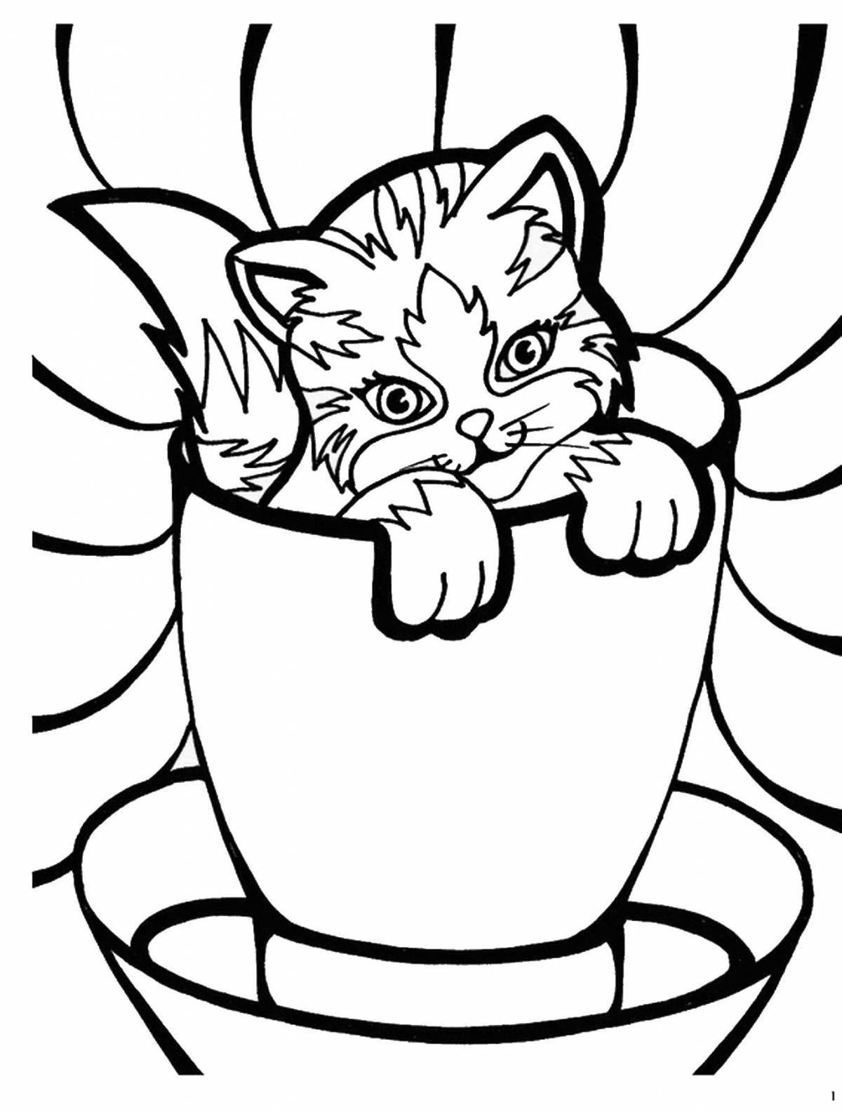 Coloring page fluffy kitten in a mug