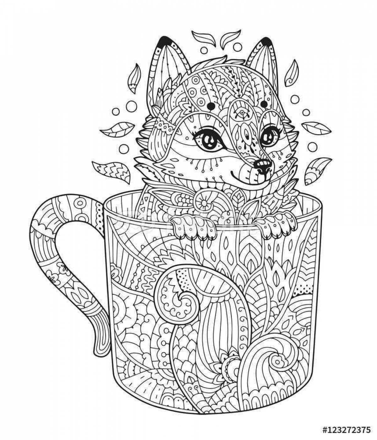 Relaxed kitten in a mug coloring book