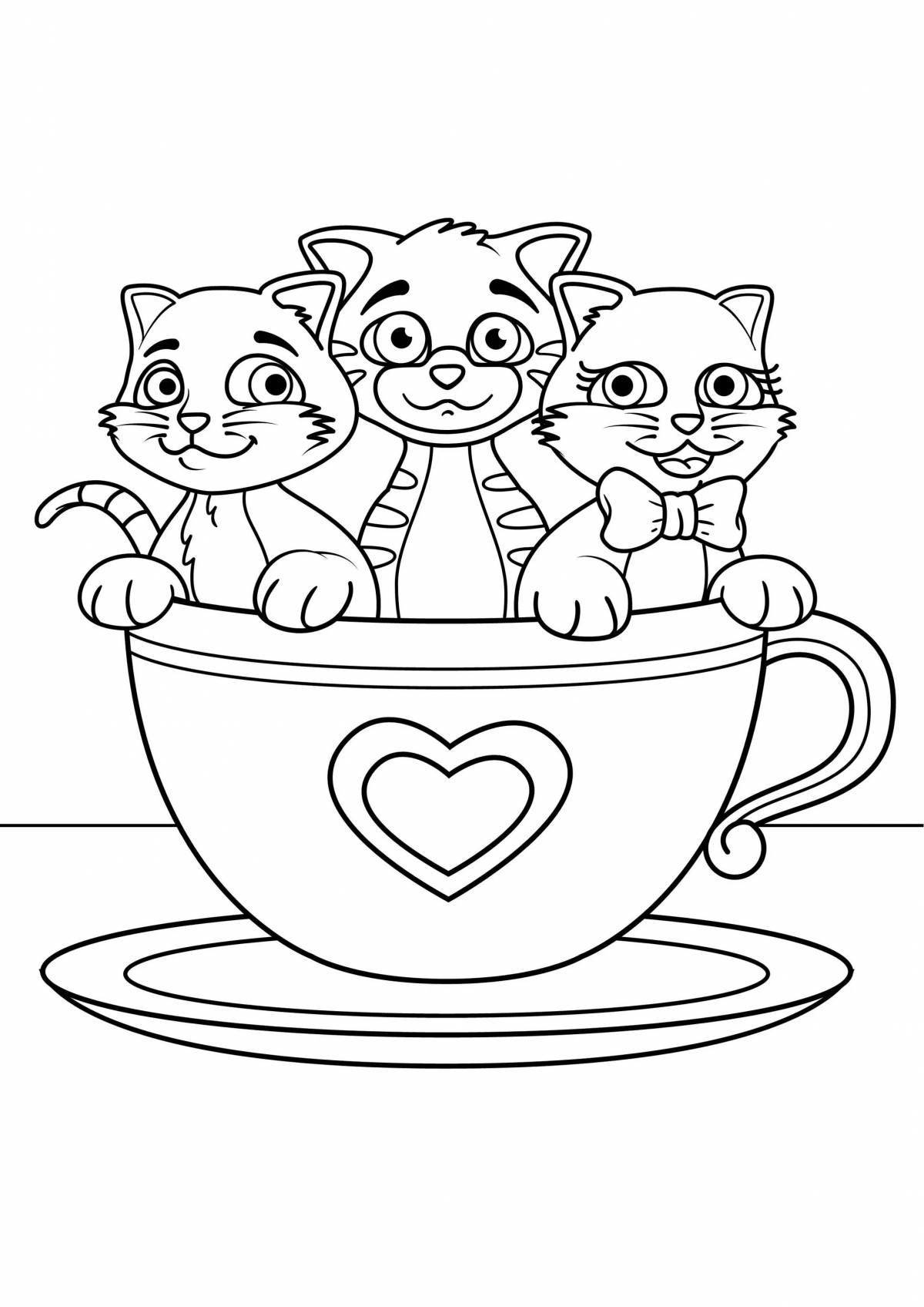 Coloring page affectionate kitten in a mug