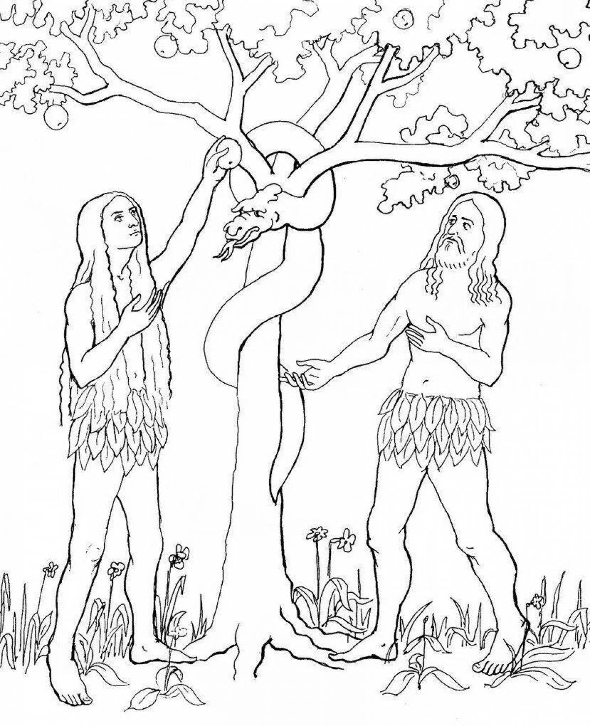 Colorful adam and eve coloring page