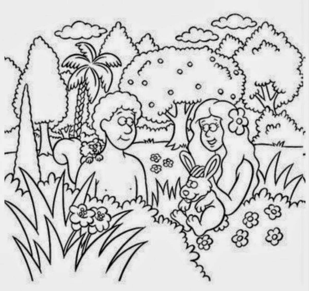 Playful adam and eve coloring page