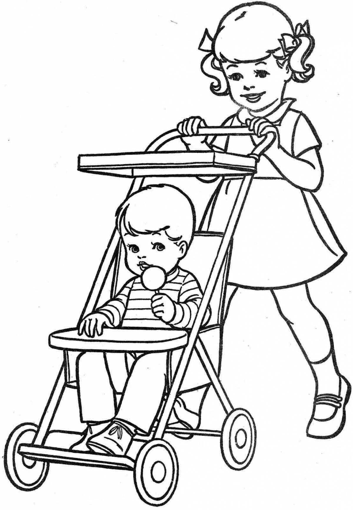 Charming coloring book baby in stroller