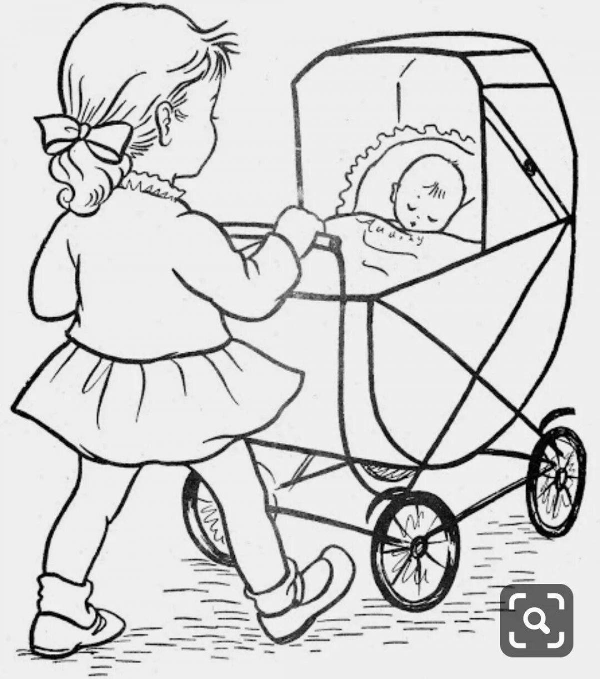 Joyful coloring baby in a stroller