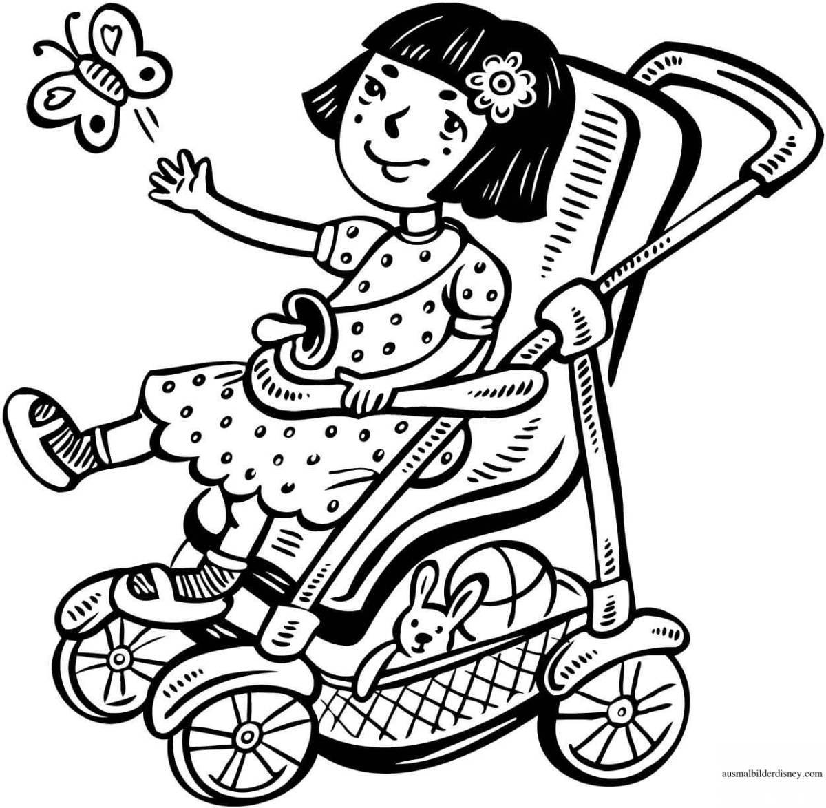Smiling coloring baby in stroller