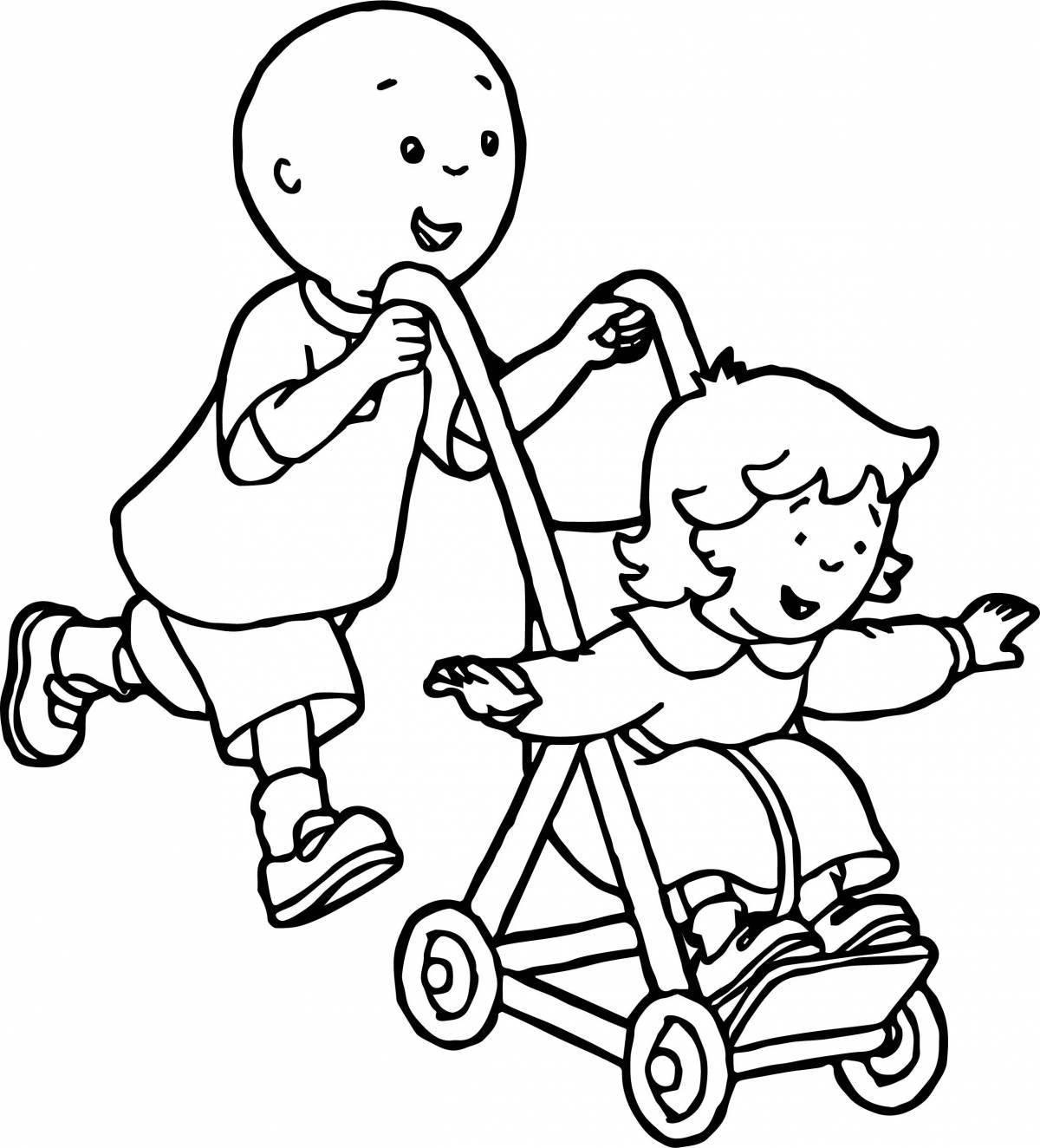 Excited coloring baby in stroller