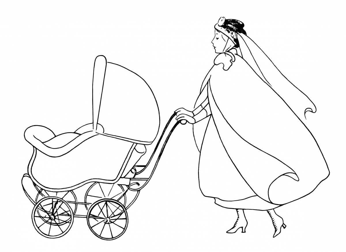 Coloring page for a baby in a stroller