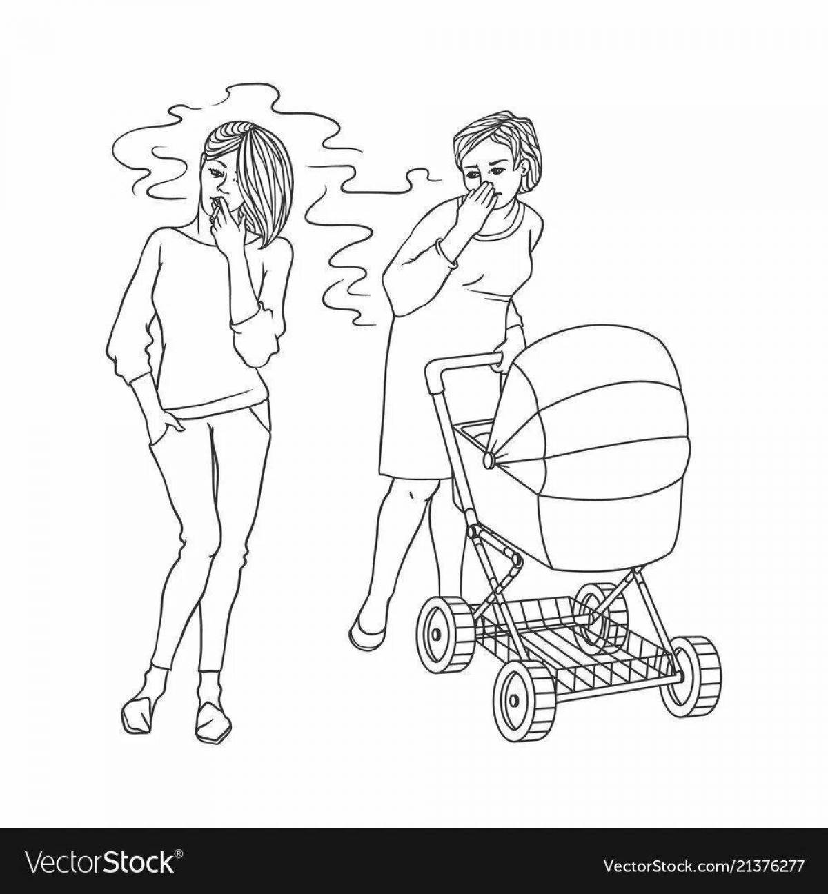 Comforting coloring book baby in stroller