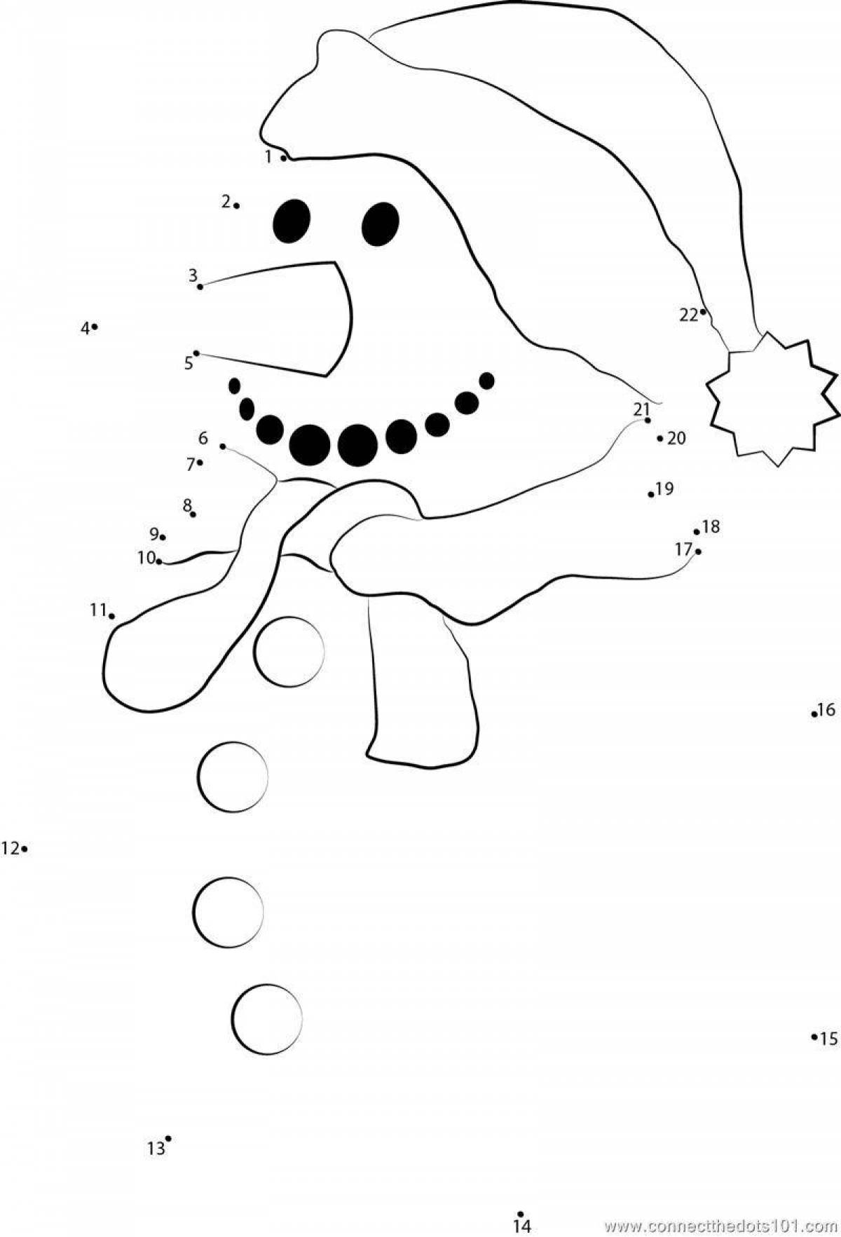 Snowman coloring page with bright dots