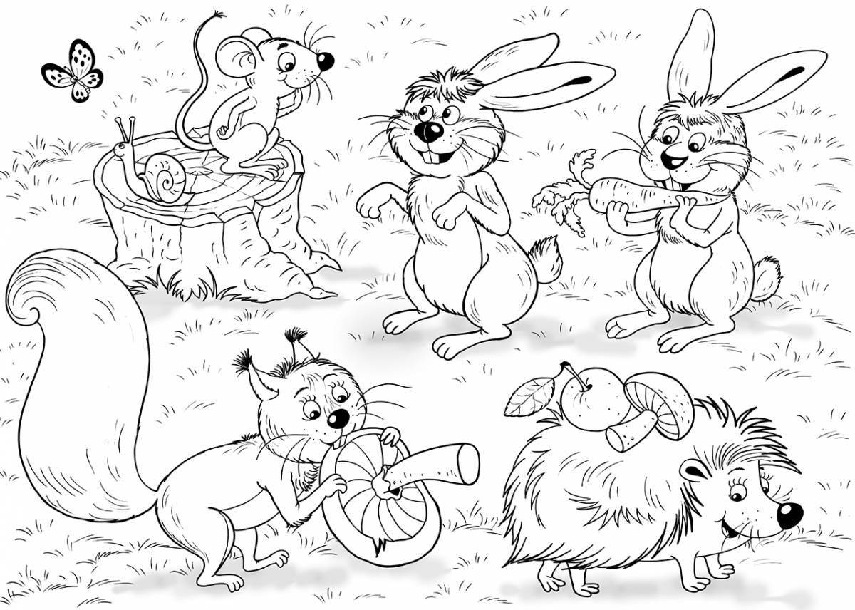 Coloring page adorable hare and squirrel