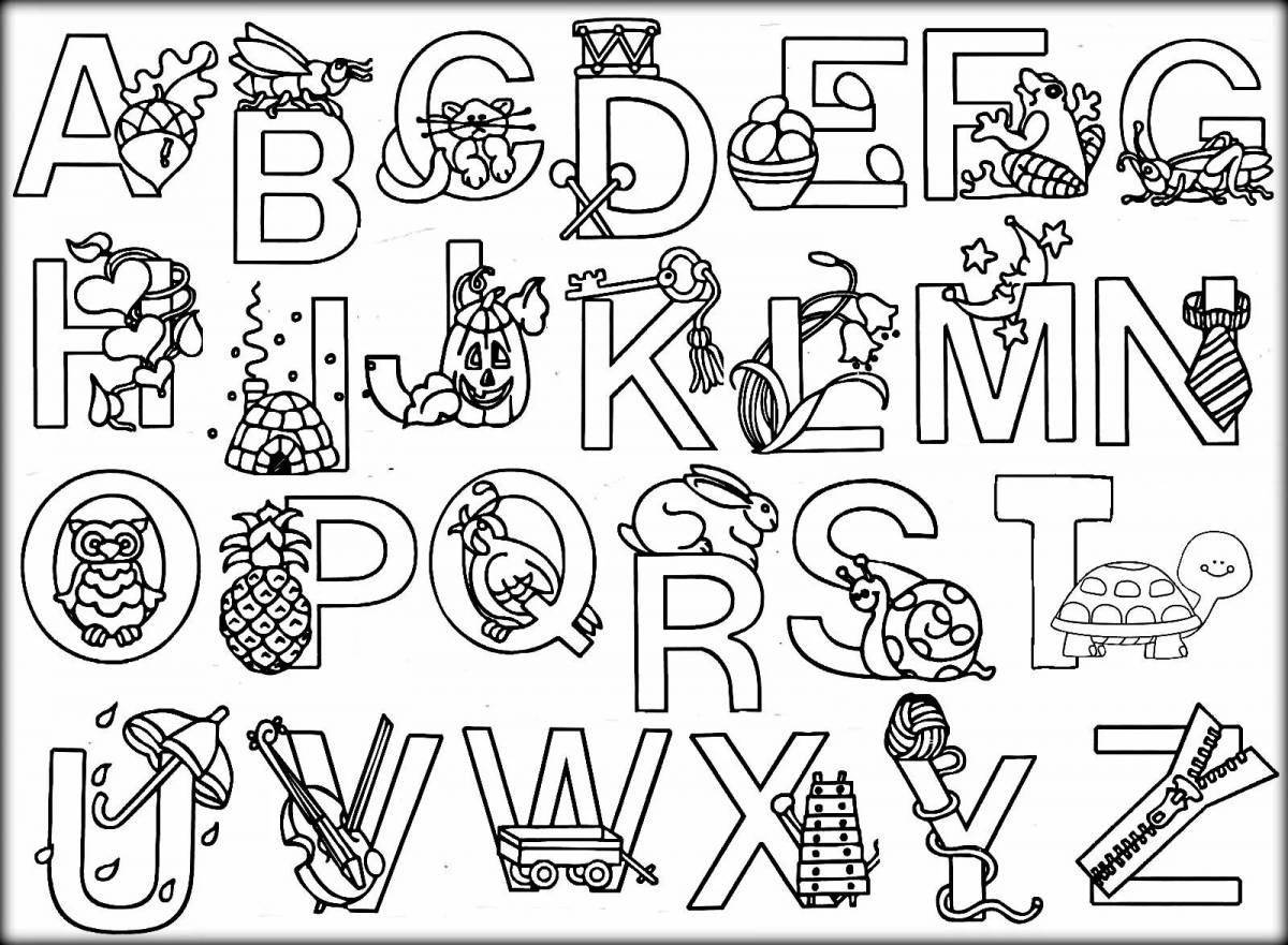 Playful coloring page with alphabet letters