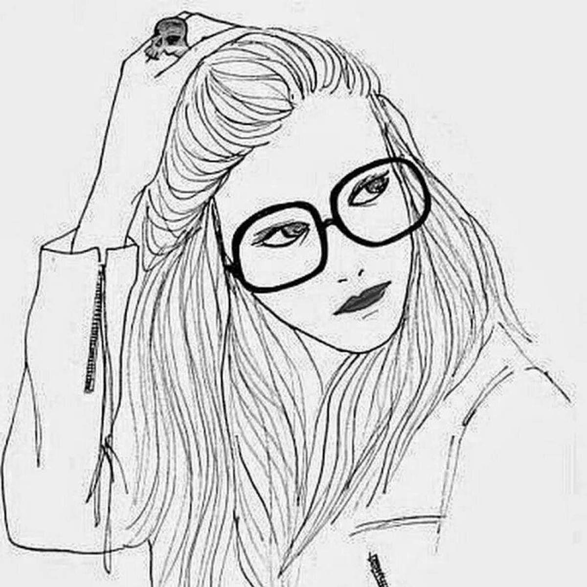 Delightful coloring book girl with glasses