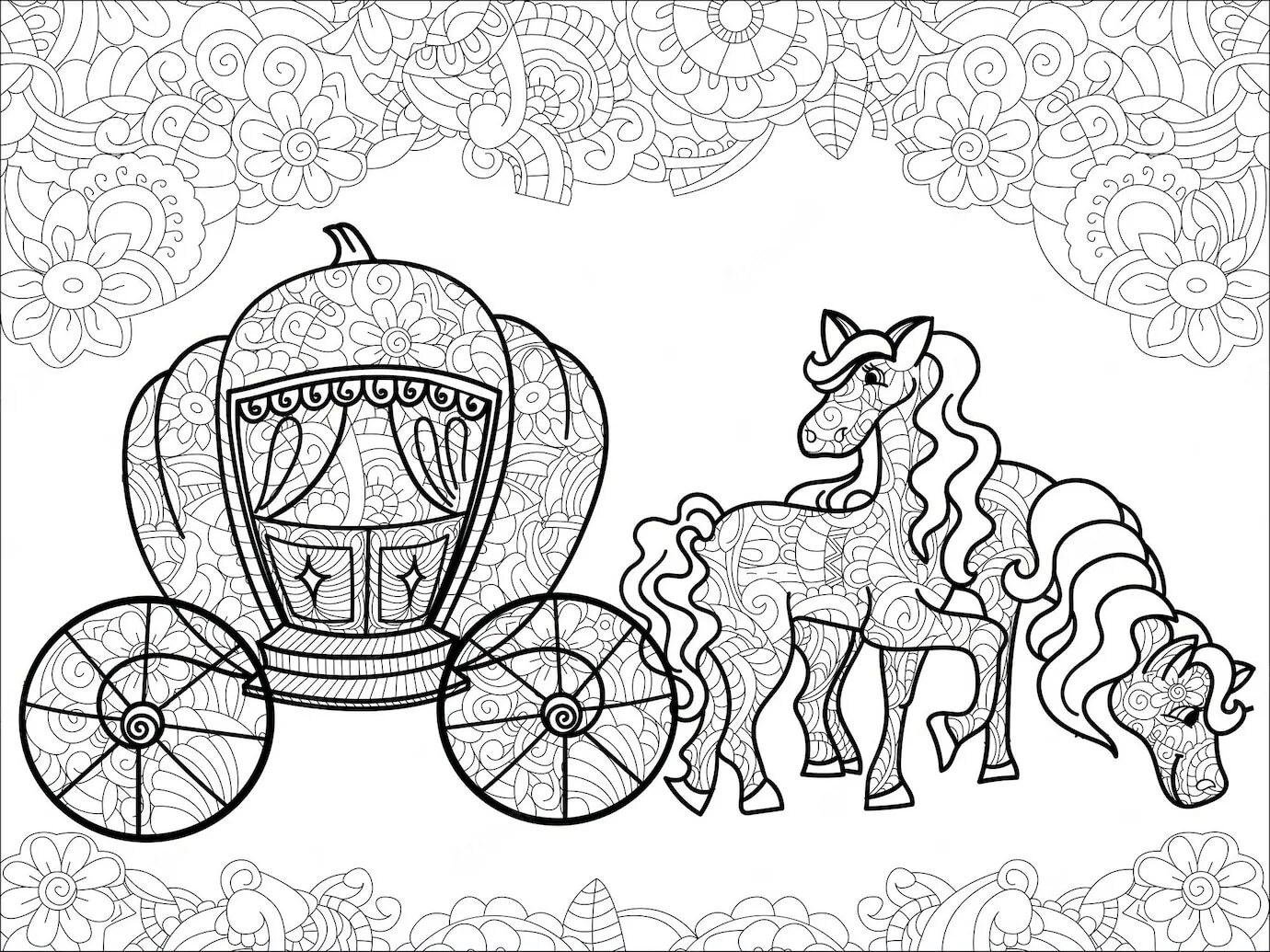 Coloring page playful princess in carriage