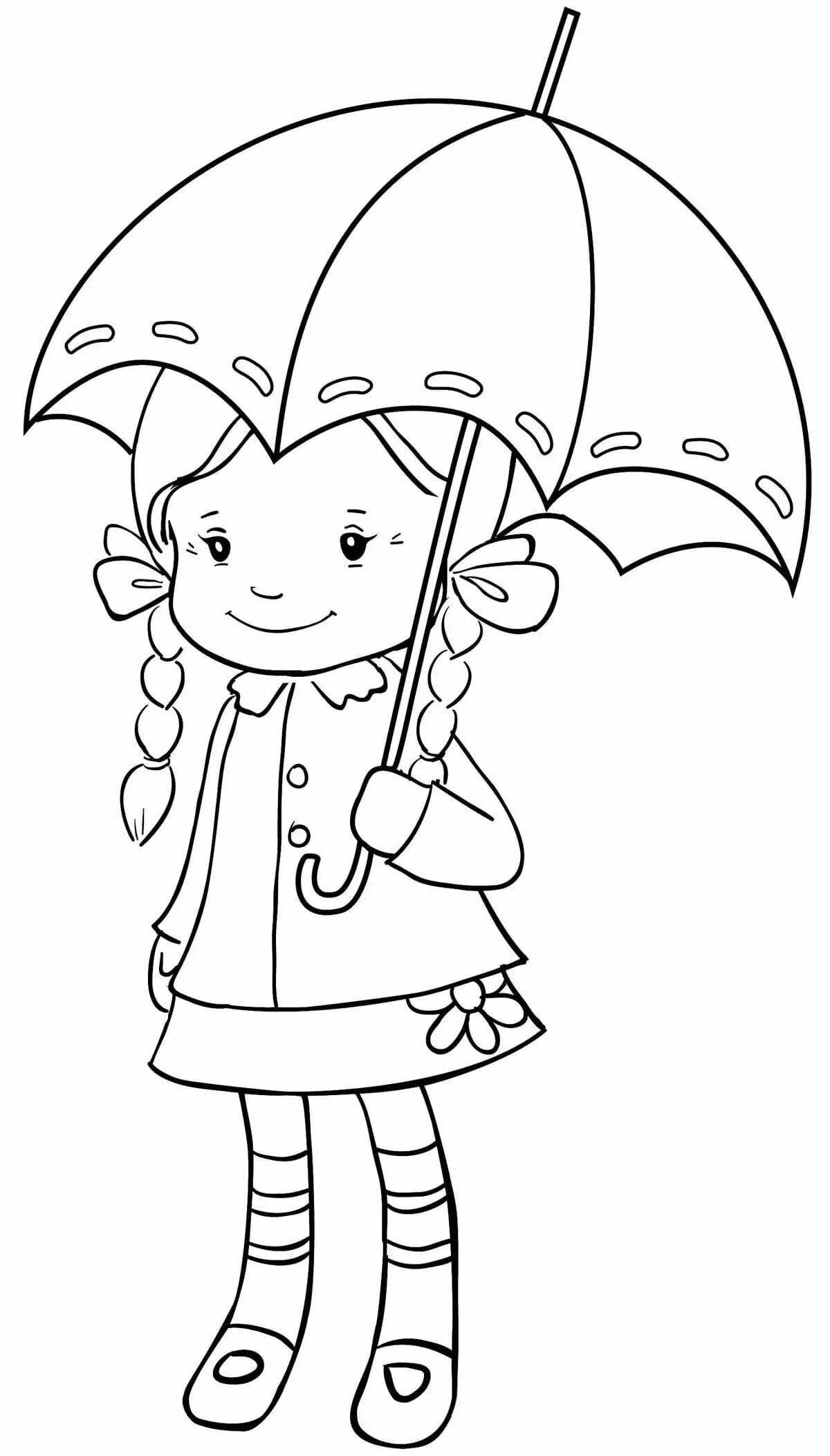 Joyful coloring girl with umbrella