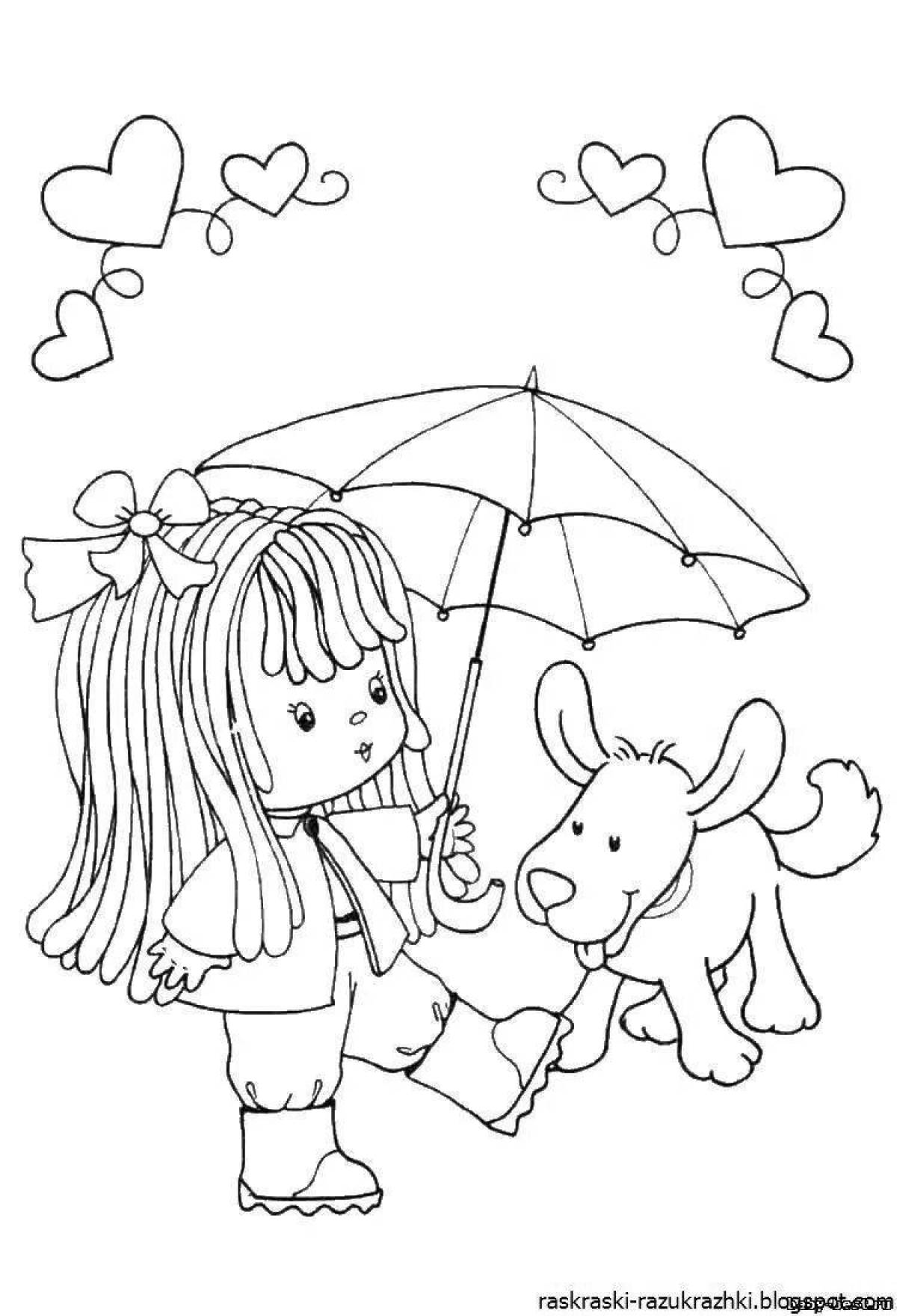 Playful coloring girl with umbrella
