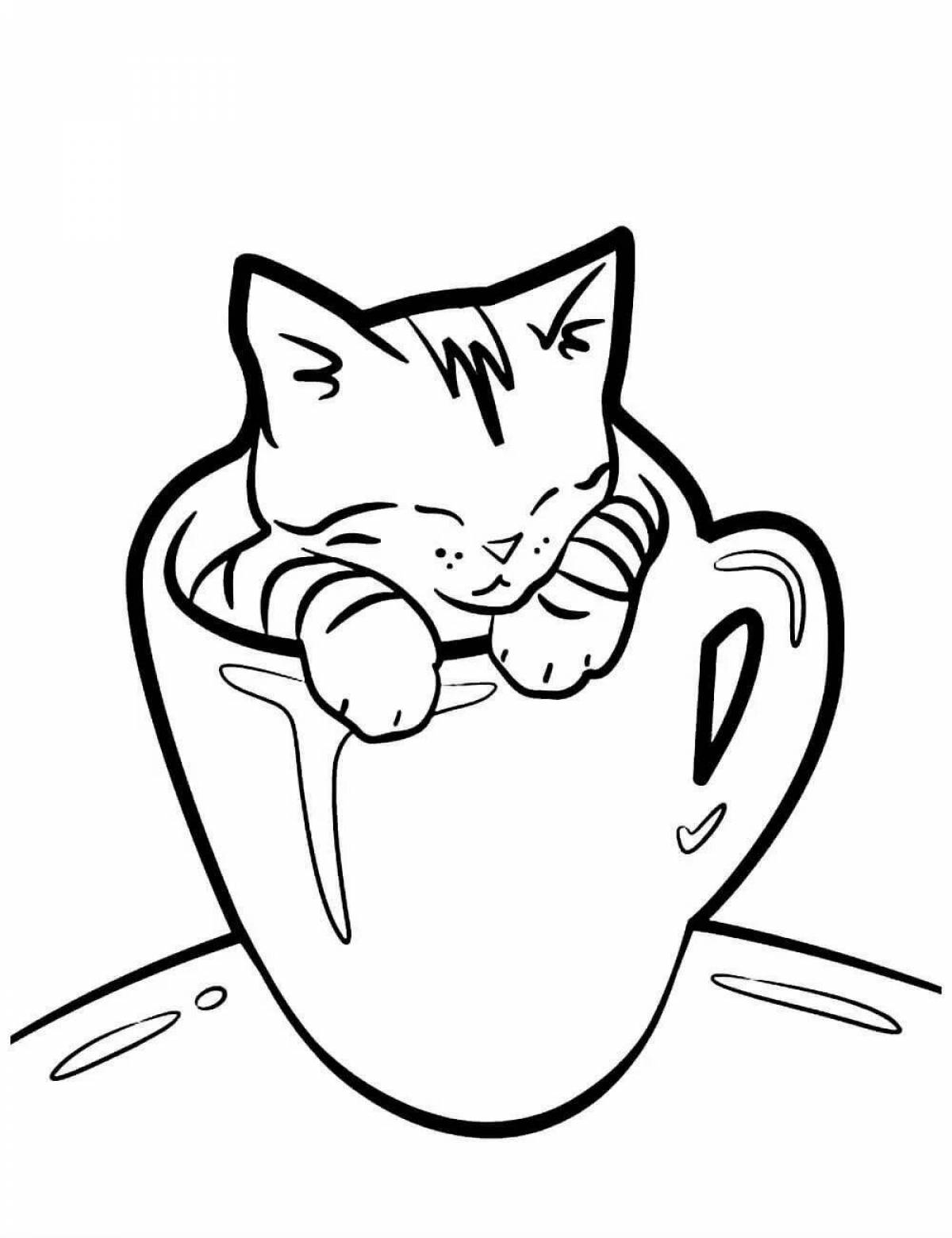 Coloring page fluffy cat in a mug