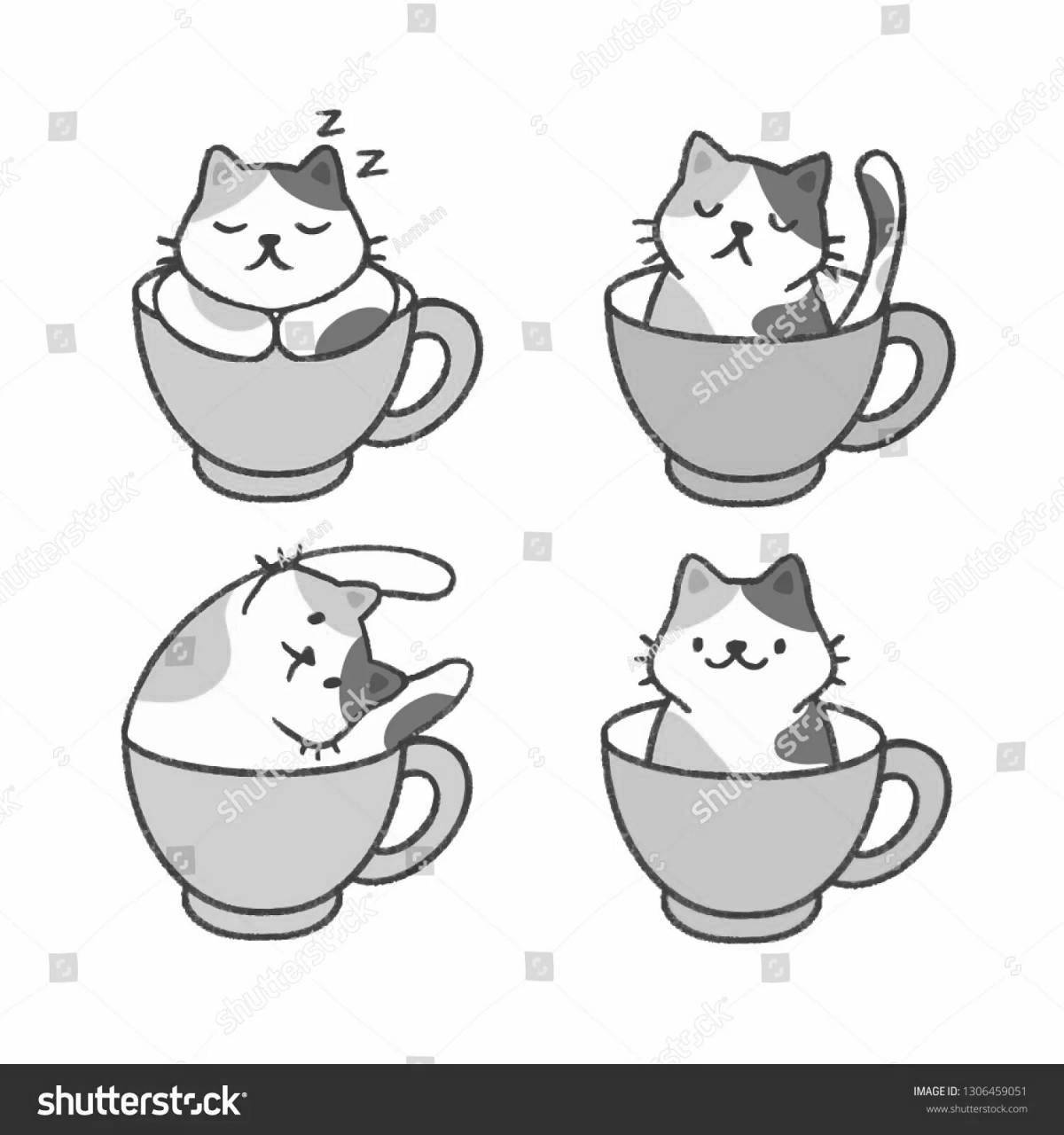 Coloring book bright cat in a mug