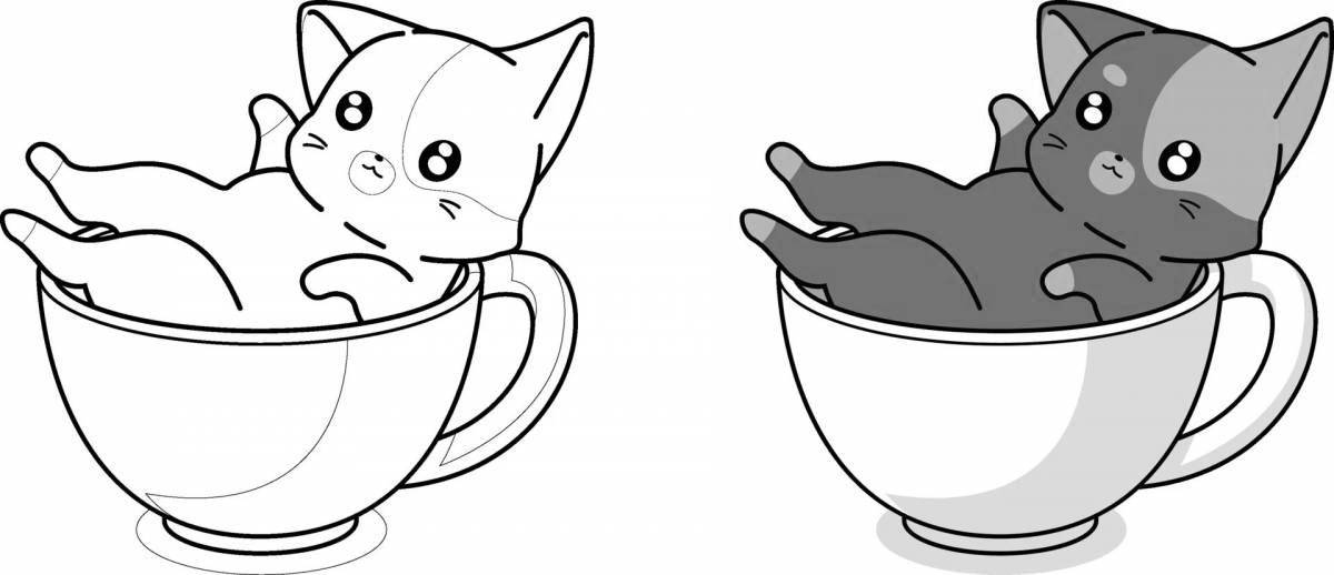 Coloring book smart cat in a mug