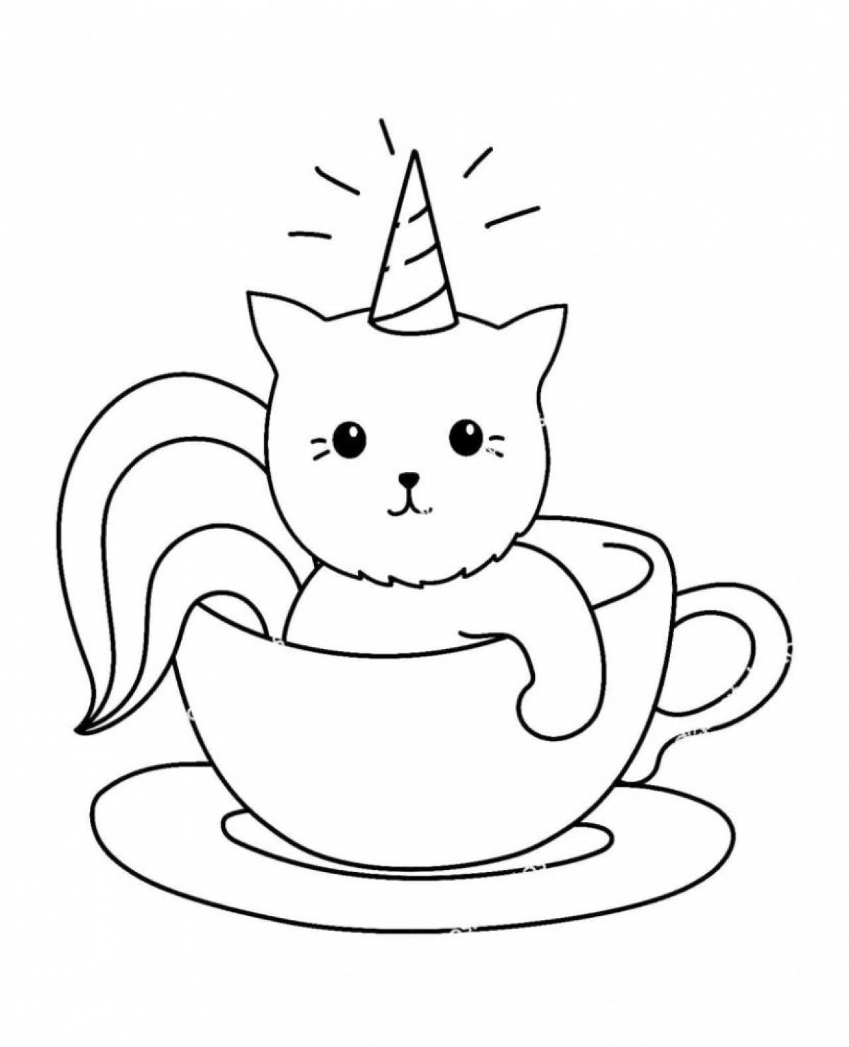 Coloring page serene cat in a mug