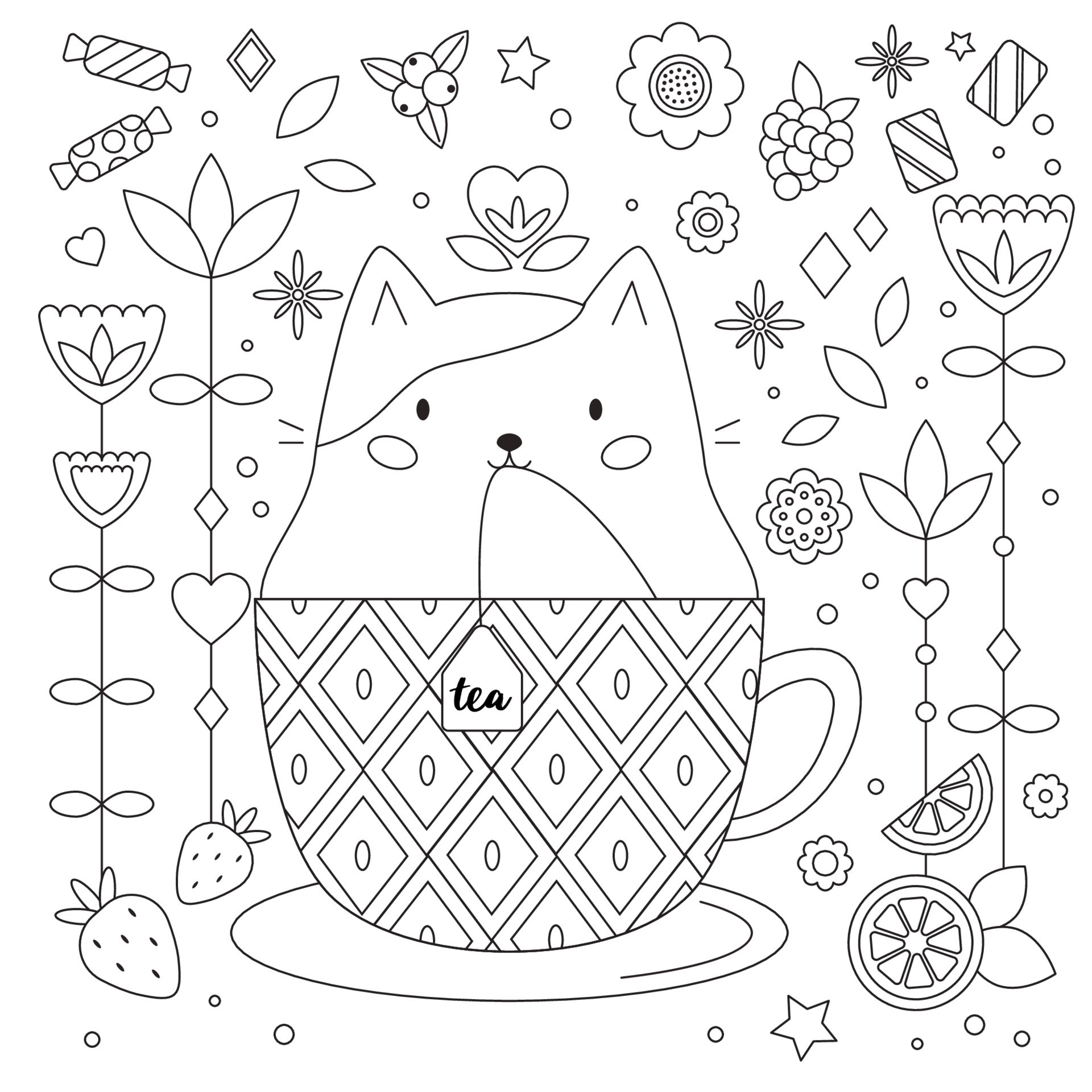 Coloring page cozy cat in a mug