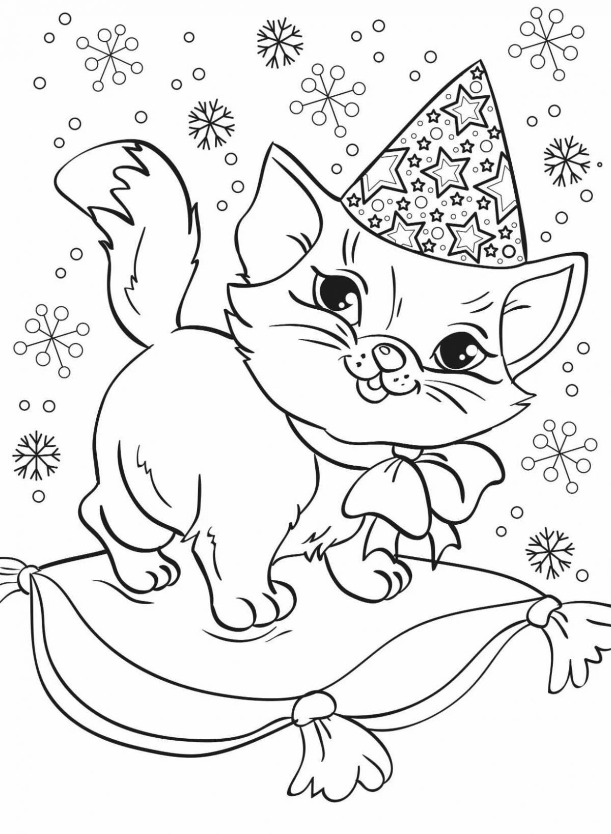 Радостная новогодняя раскраска кота
