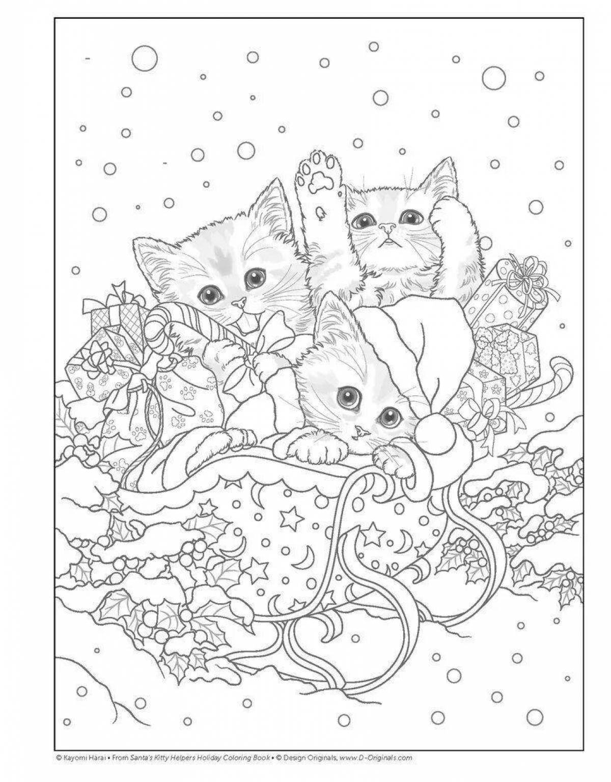 Cat obsessed with flowers, Christmas coloring