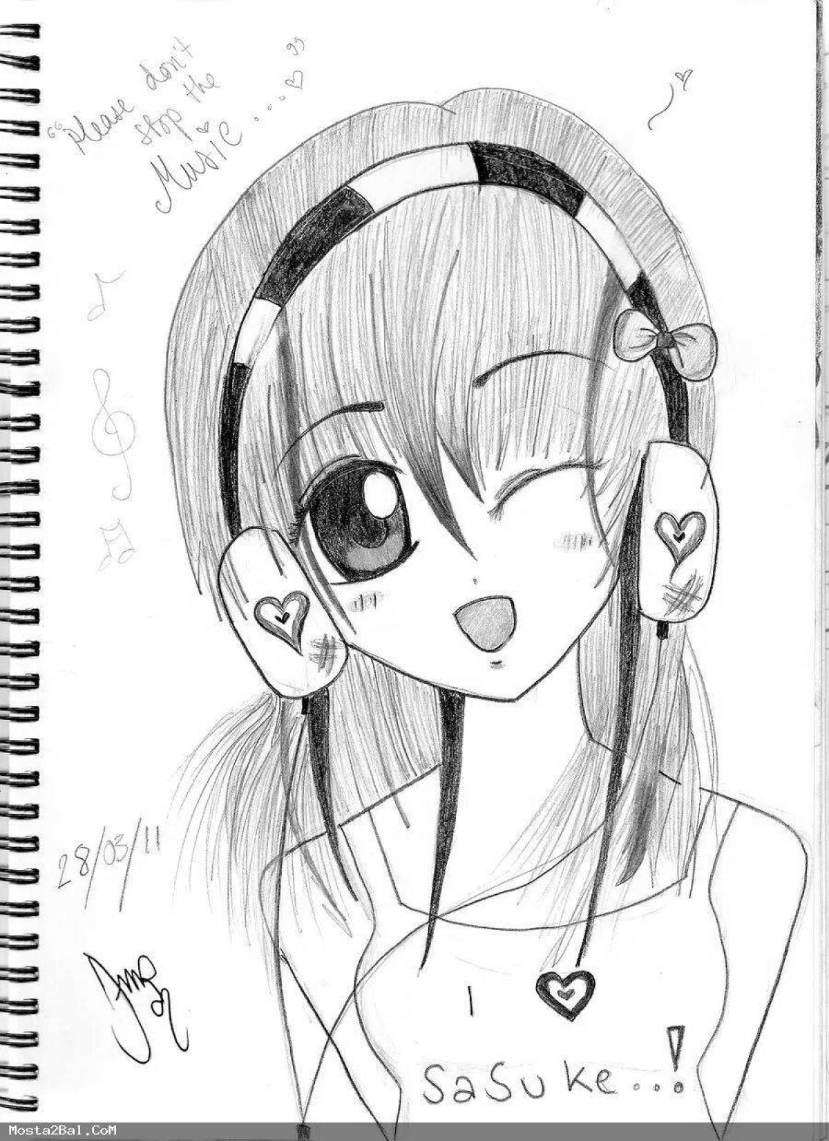 Violent coloring girl with headphones