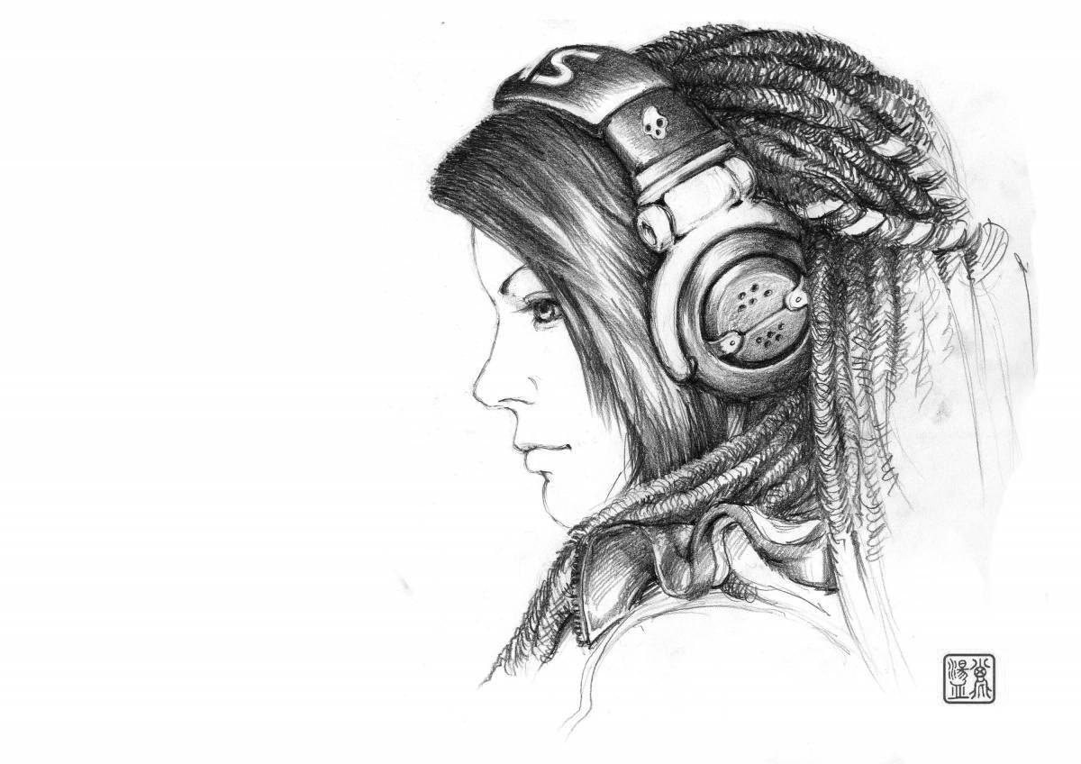 Hypnotic coloring girl with headphones