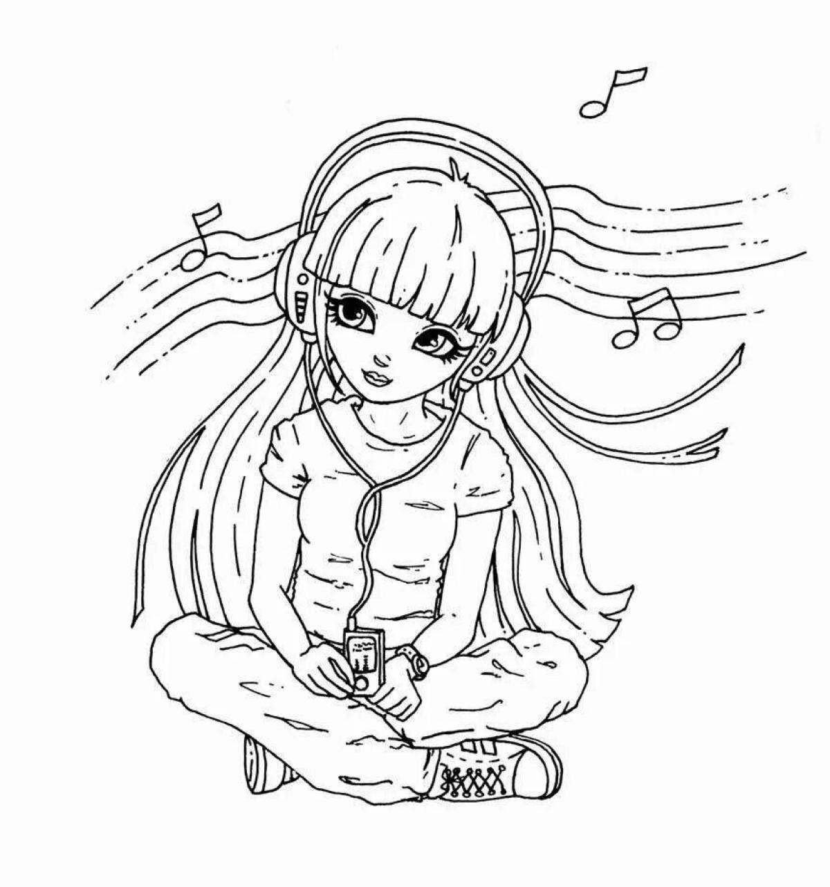 Exotic coloring girl with headphones