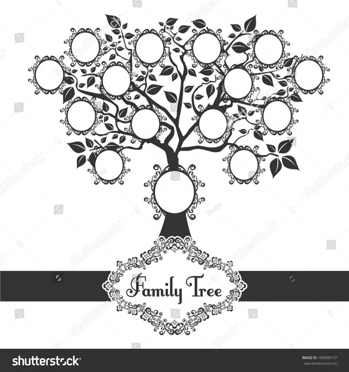 Family tree coloring page overflowing with color
