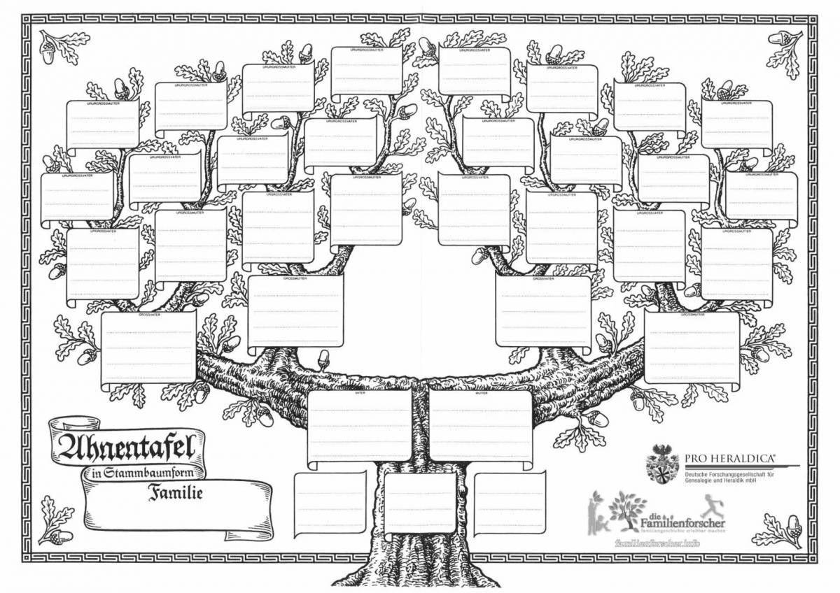 Family tree coloring page, saturated with color