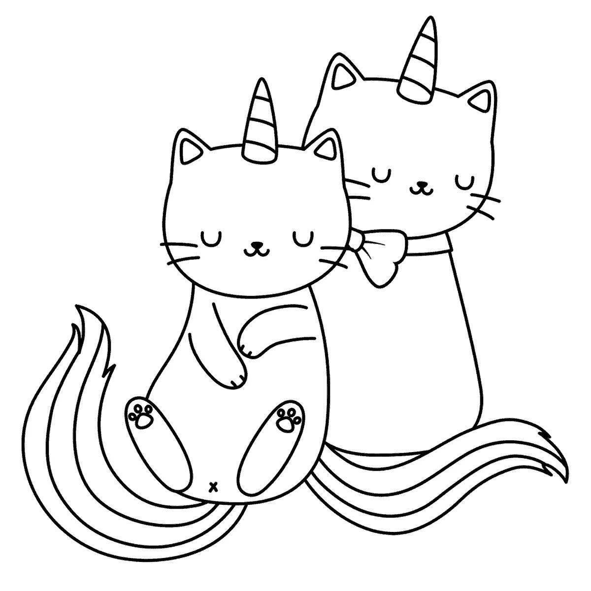 Радостная раскраска радужный кот-единорог