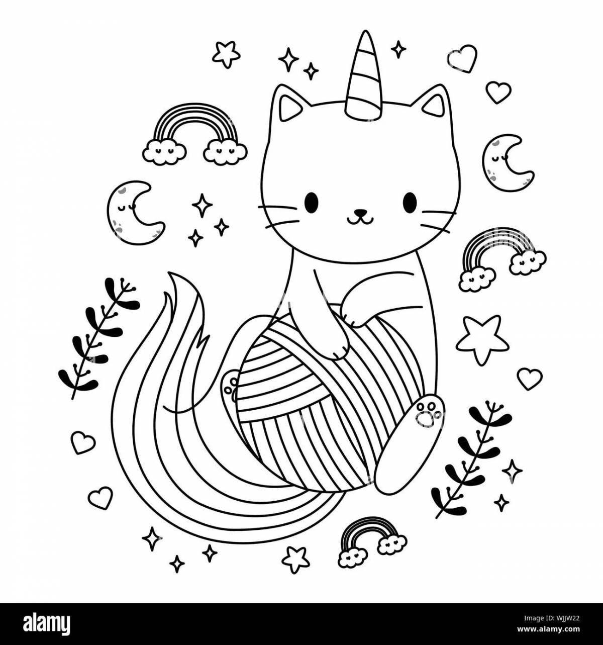 Яркая раскраска радужный кот-единорог