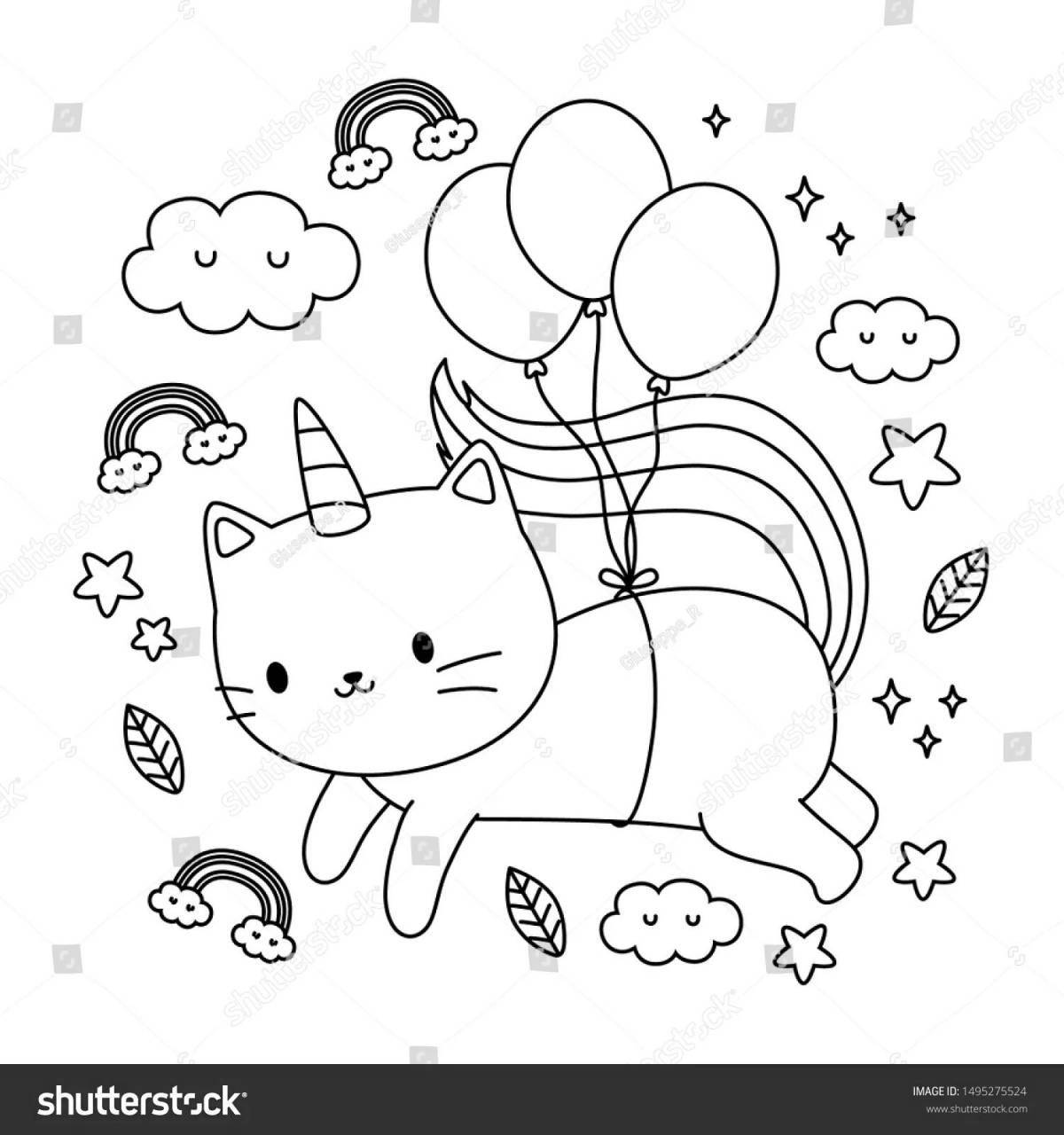 Сказочная раскраска радужный кот-единорог
