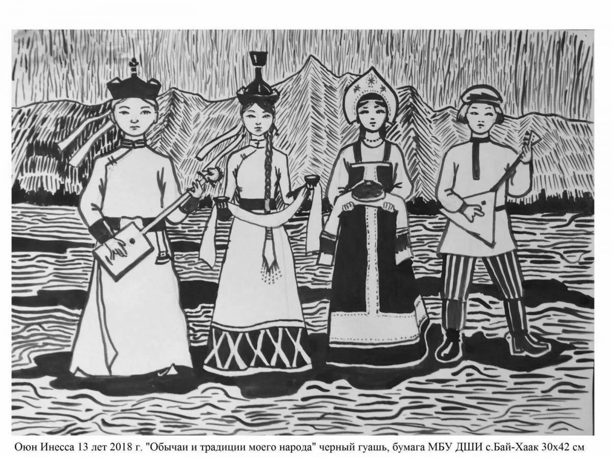 Coloring page glorious Buryat costume