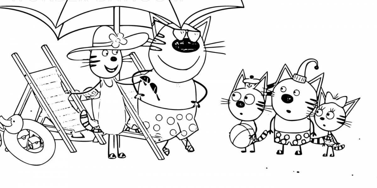 Three cats playful coloring page