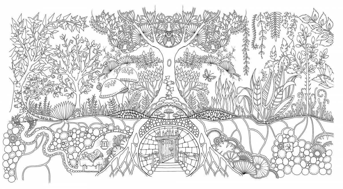 Beautiful coloring book antistress mysterious forest