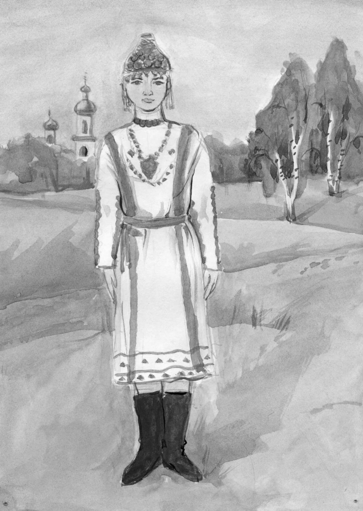 Раскраска радостный марийский национальный костюм