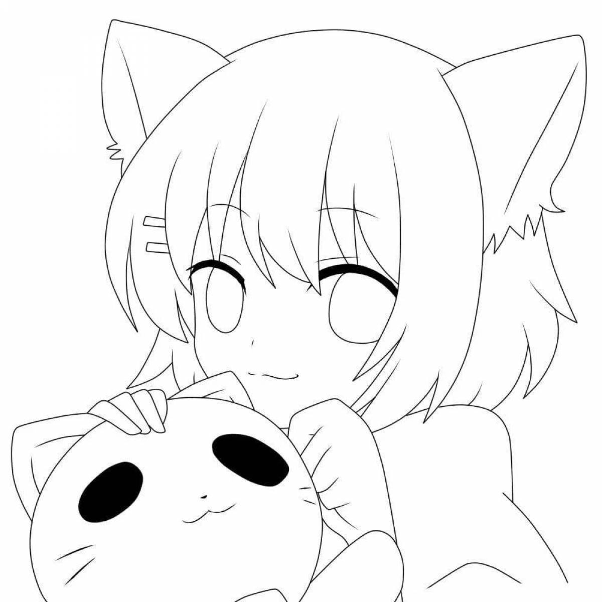 Adorable coloring book anime girl with ears