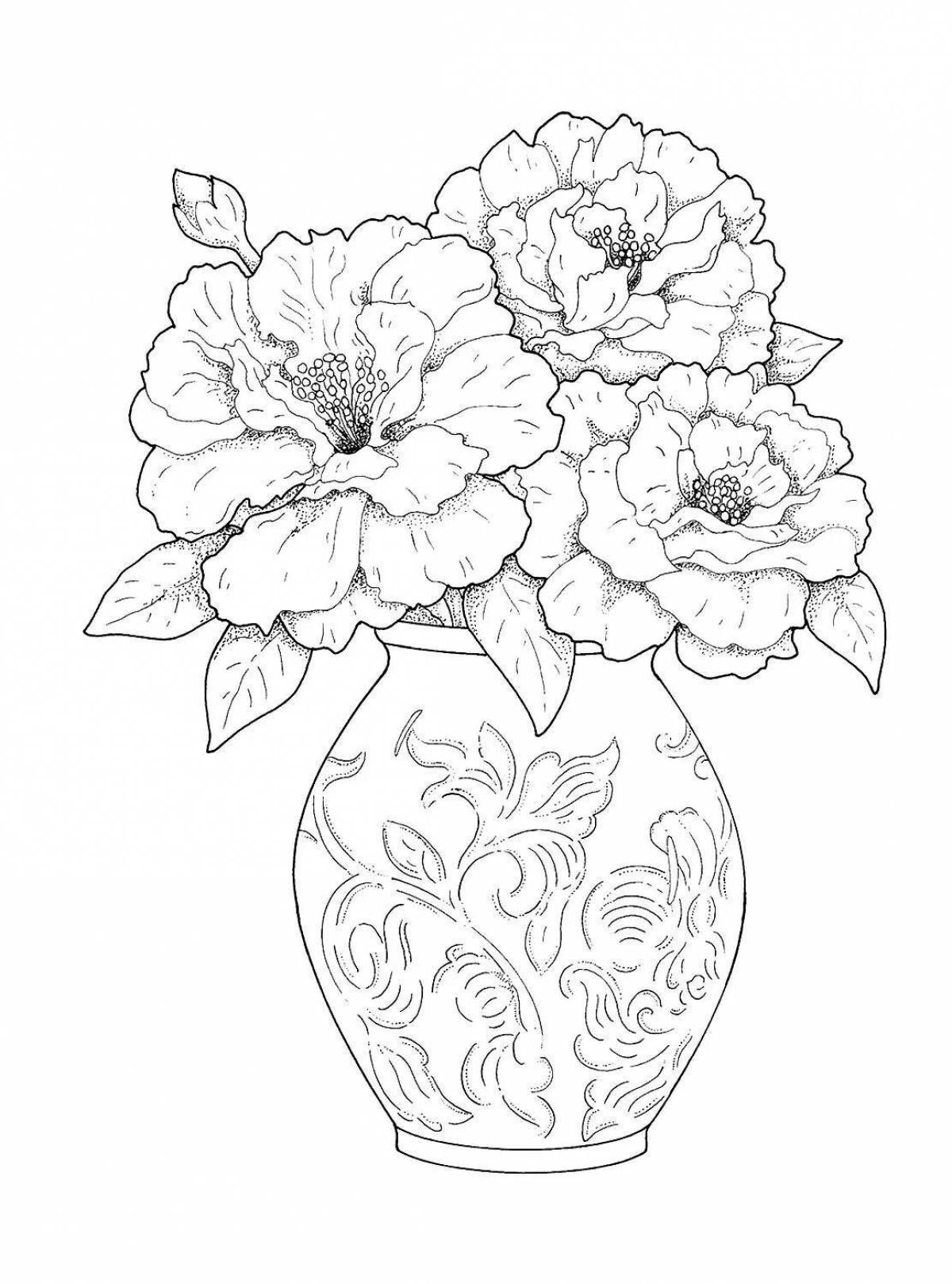 Красочная раскраска розы в вазе