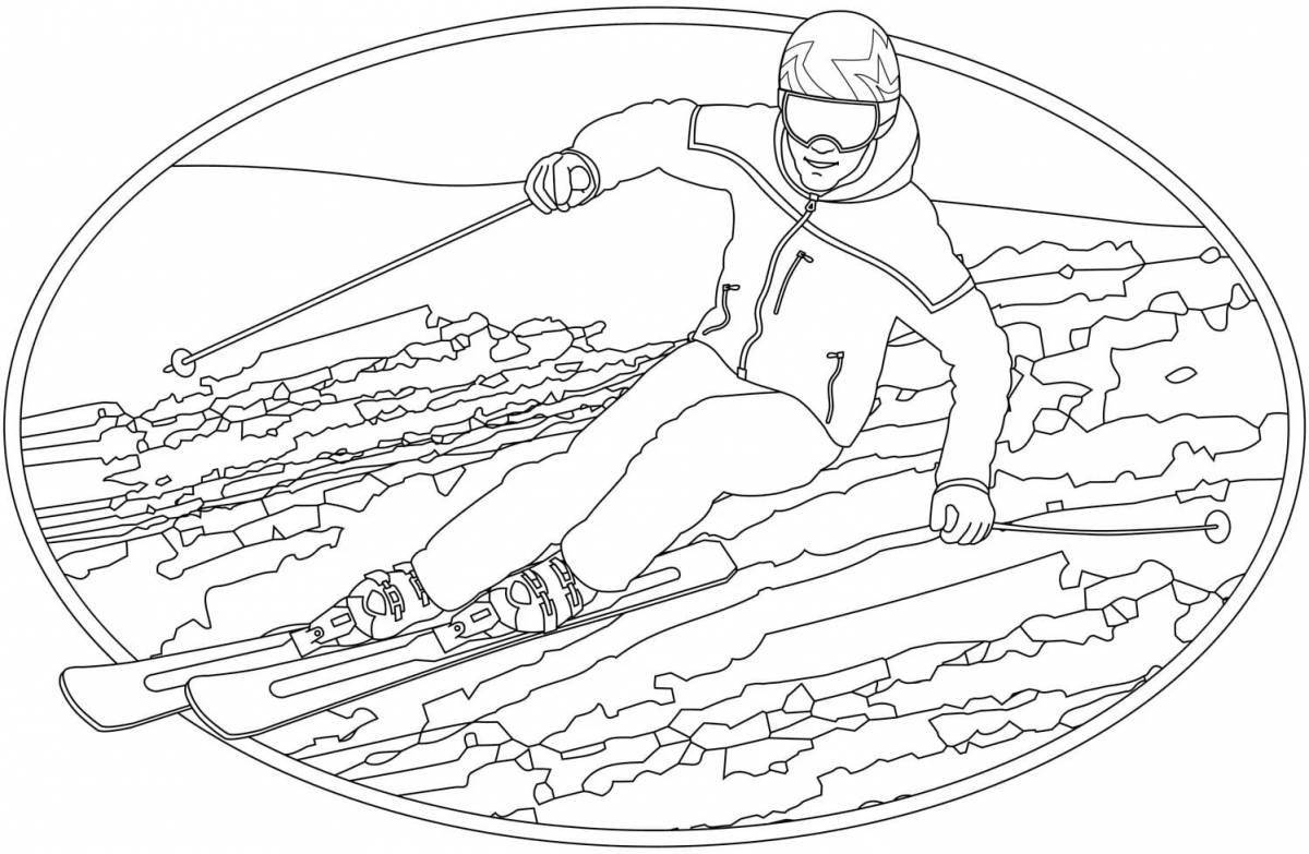 Courageous senior skier coloring page