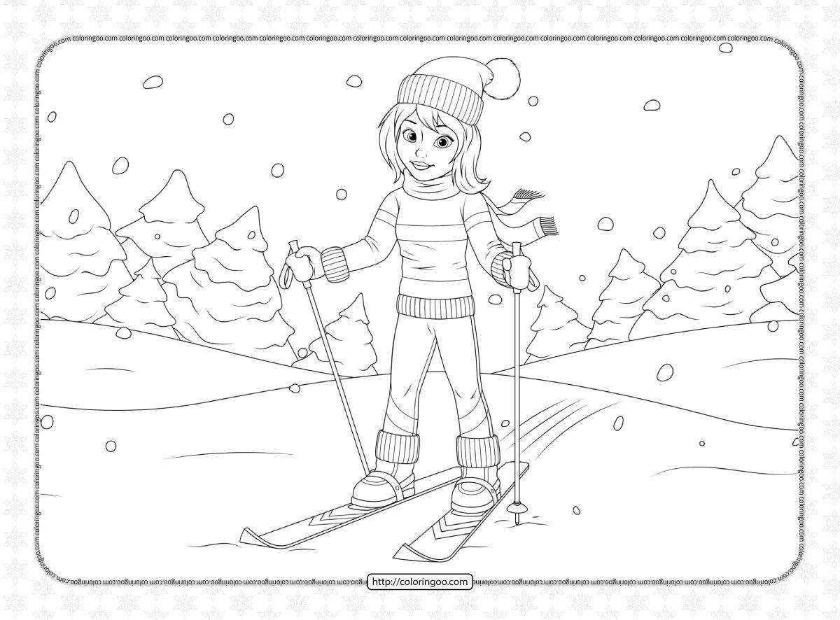Courageous senior skier coloring page