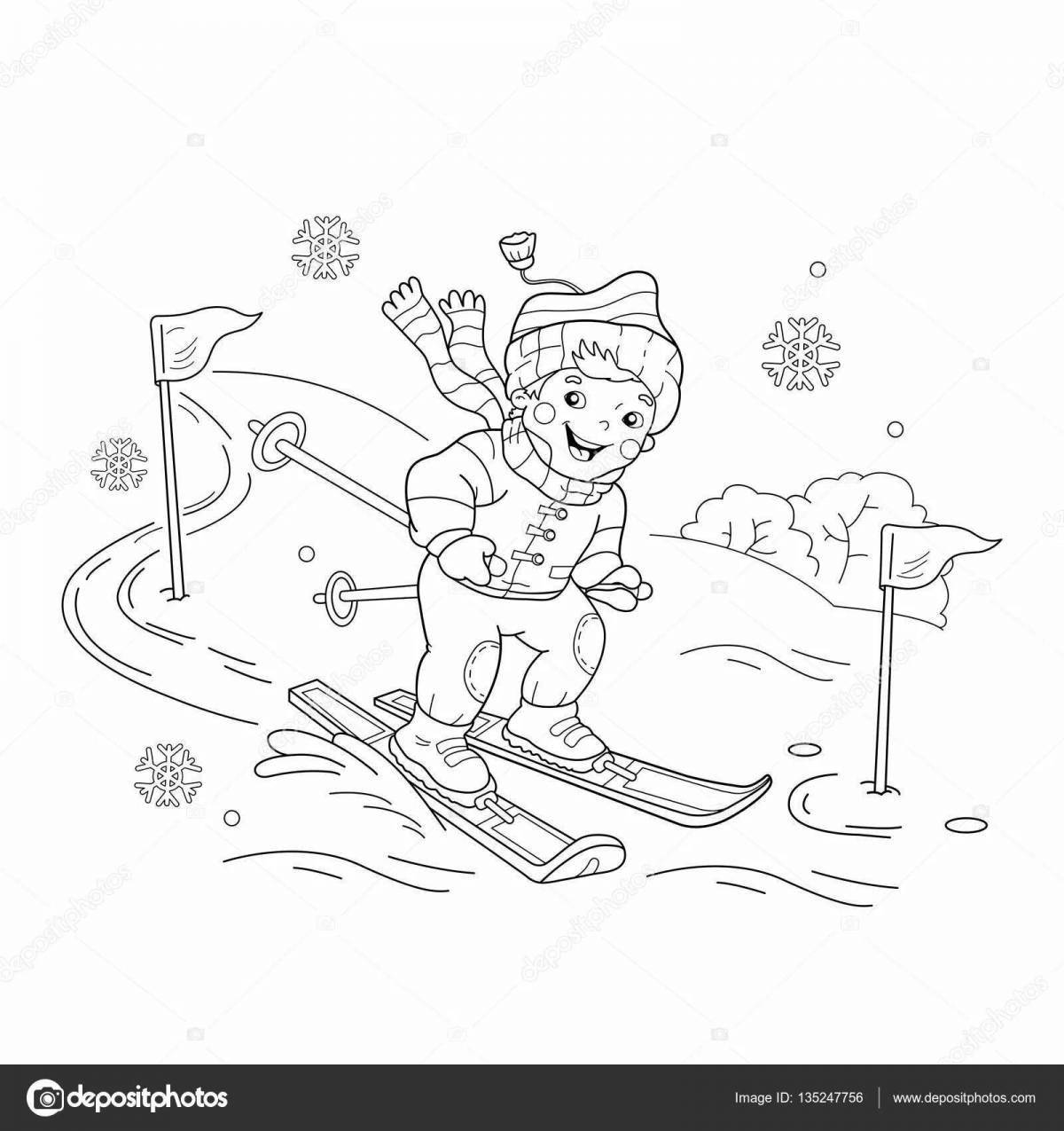 Красочная раскраска старший лыжник